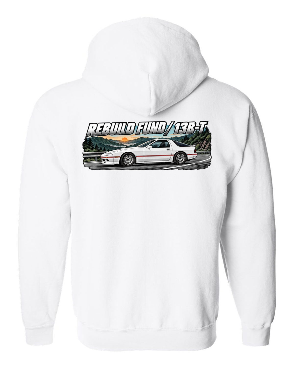 Retro manga ink and screentone illustration of a Mazda RX-7 FC3S white zip hoodie back view with the design