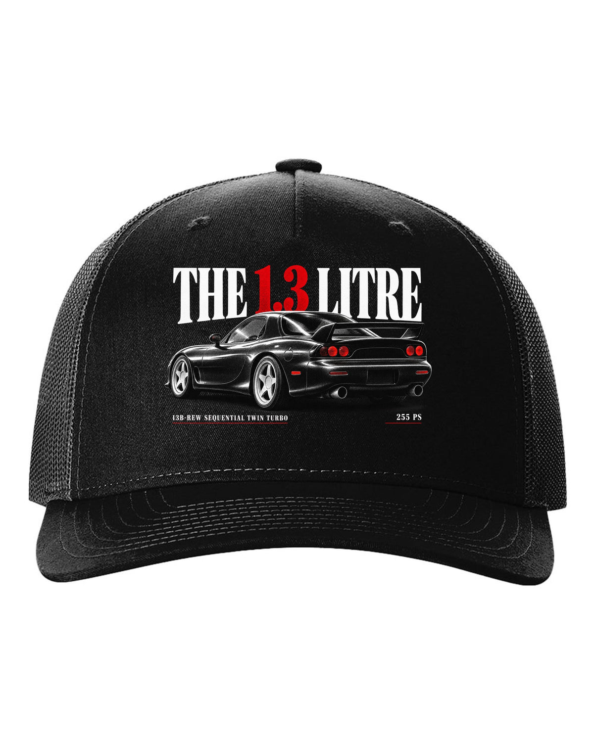 Editorial headline print for the 1992 Mazda RX-7 FD3S with 13B-REW sequential twin turbo and 255 PS black hat front view with the design