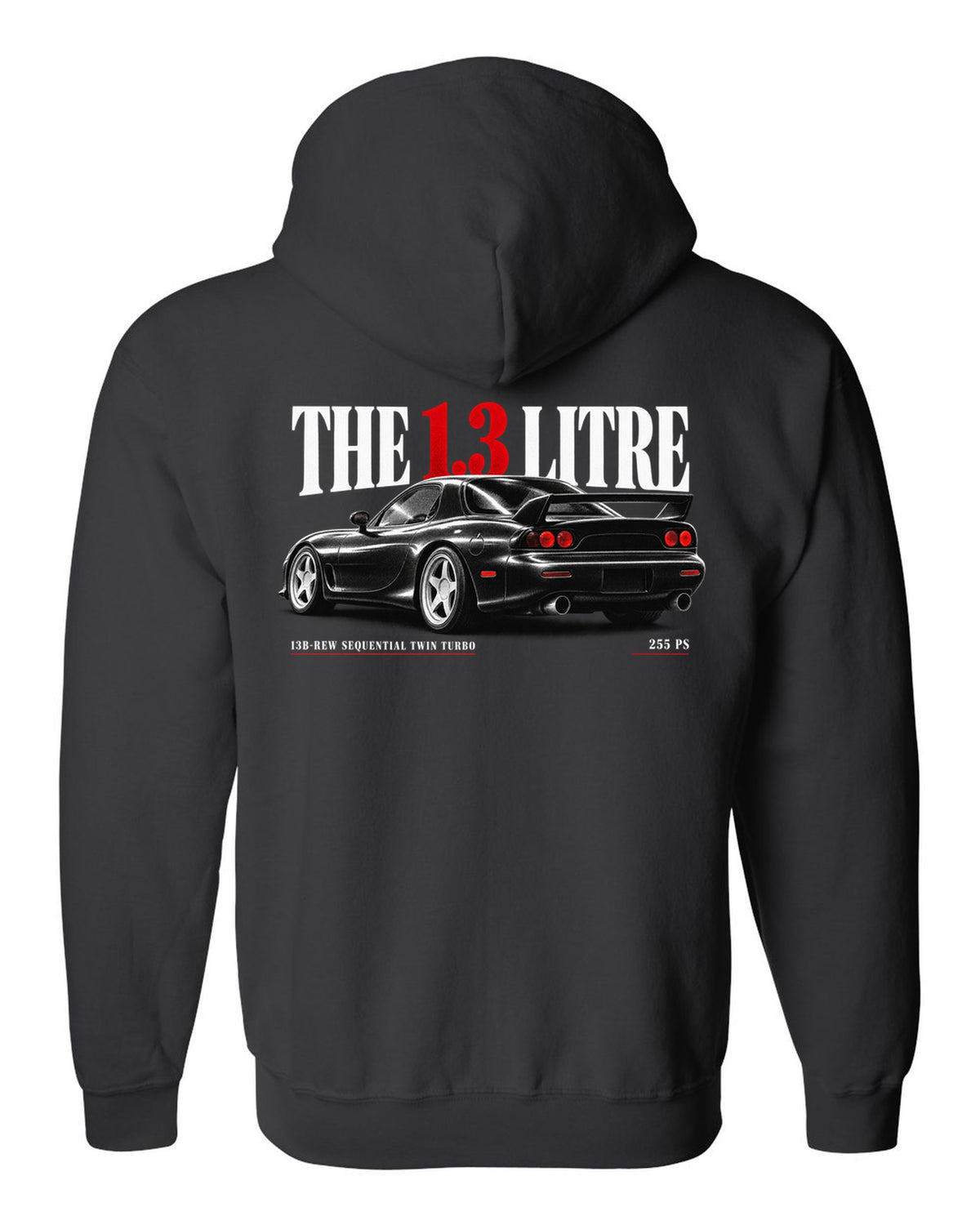 Editorial headline print for the 1992 Mazda RX-7 FD3S with 13B-REW sequential twin turbo and 255 PS black zip hoodie back view with the design