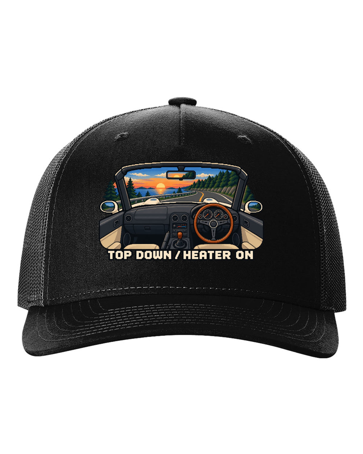 Cel-shaded 90s anime night scene of a Mazda RX-7 FD3S under sodium lights black hat front view with the design