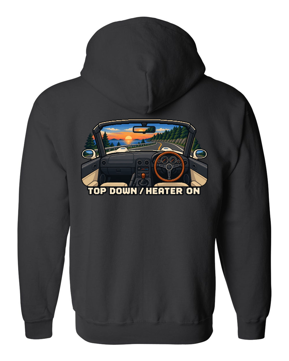 Cel-shaded 90s anime night scene of a Mazda RX-7 FD3S under sodium lights black zip hoodie back view with the design