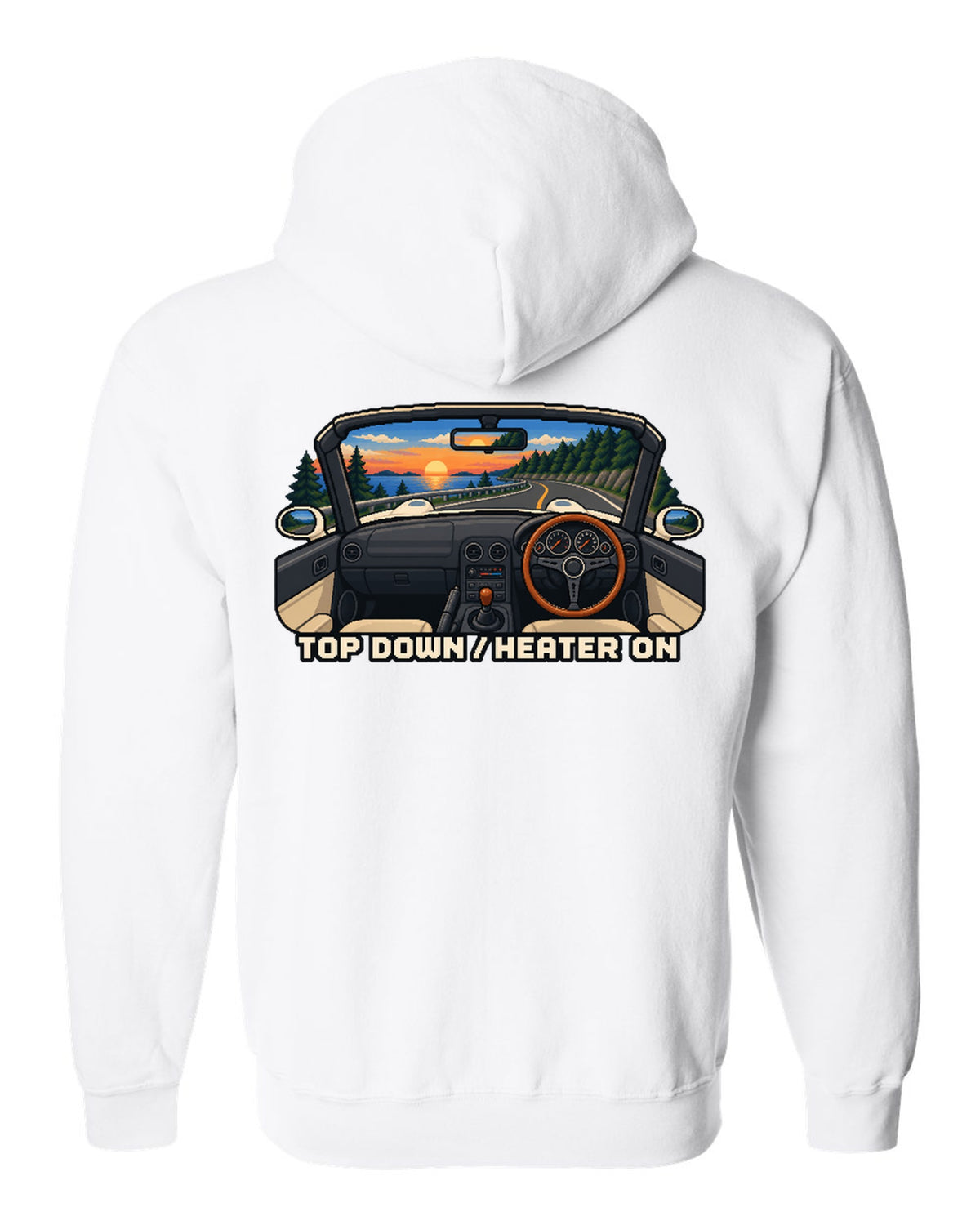 Cel-shaded 90s anime night scene of a Mazda RX-7 FD3S under sodium lights white zip hoodie back view with the design