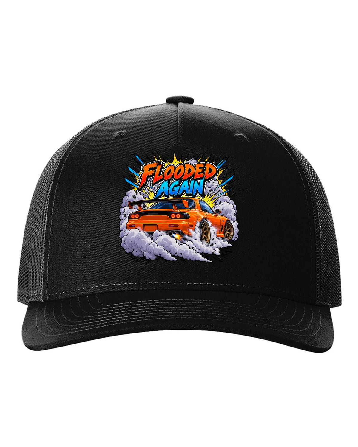 Comic-style Mazda RX-7 FD3S burnout with speed lines and smoke black hat front view with the design
