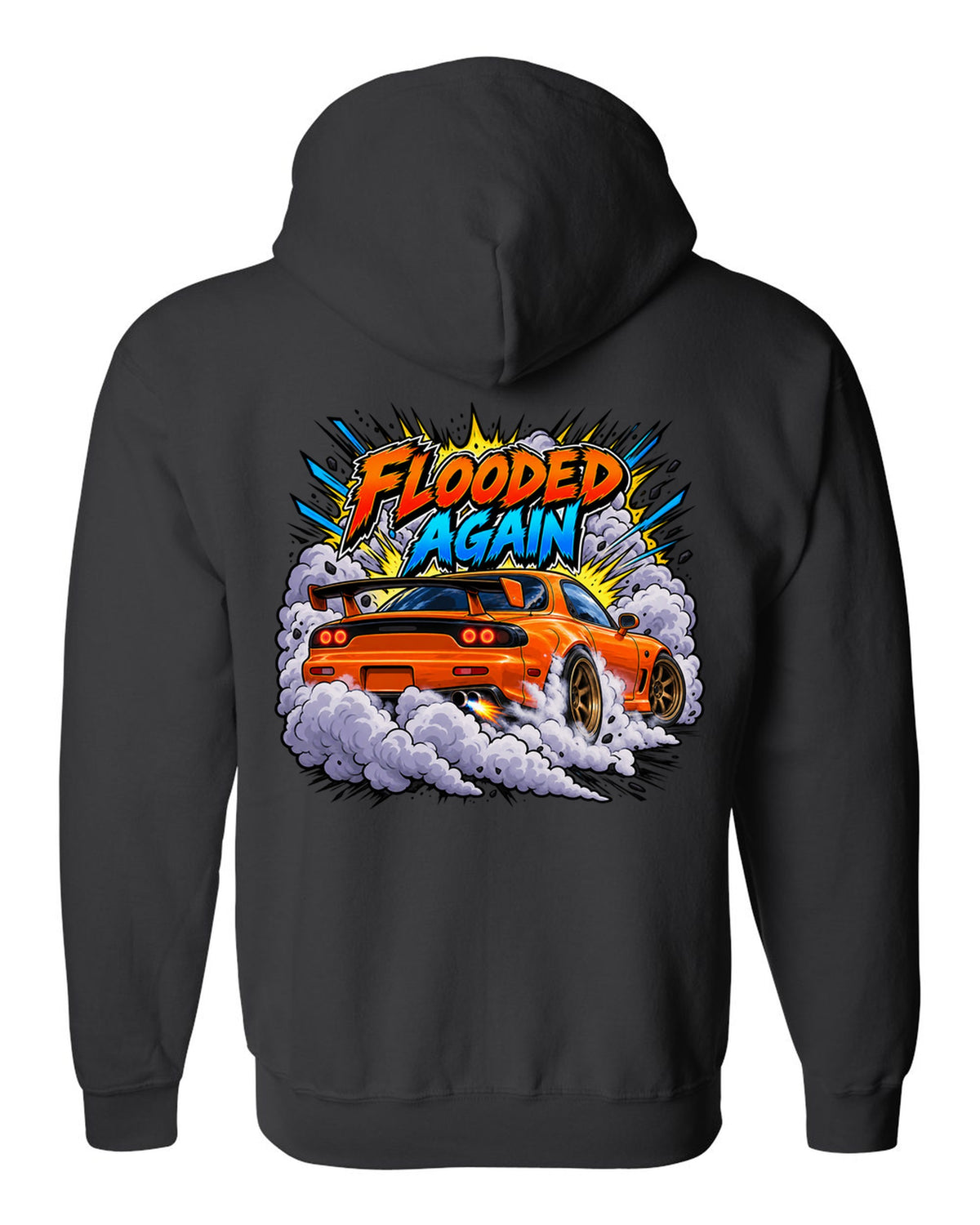Comic-style Mazda RX-7 FD3S burnout with speed lines and smoke black zip hoodie back view with the design