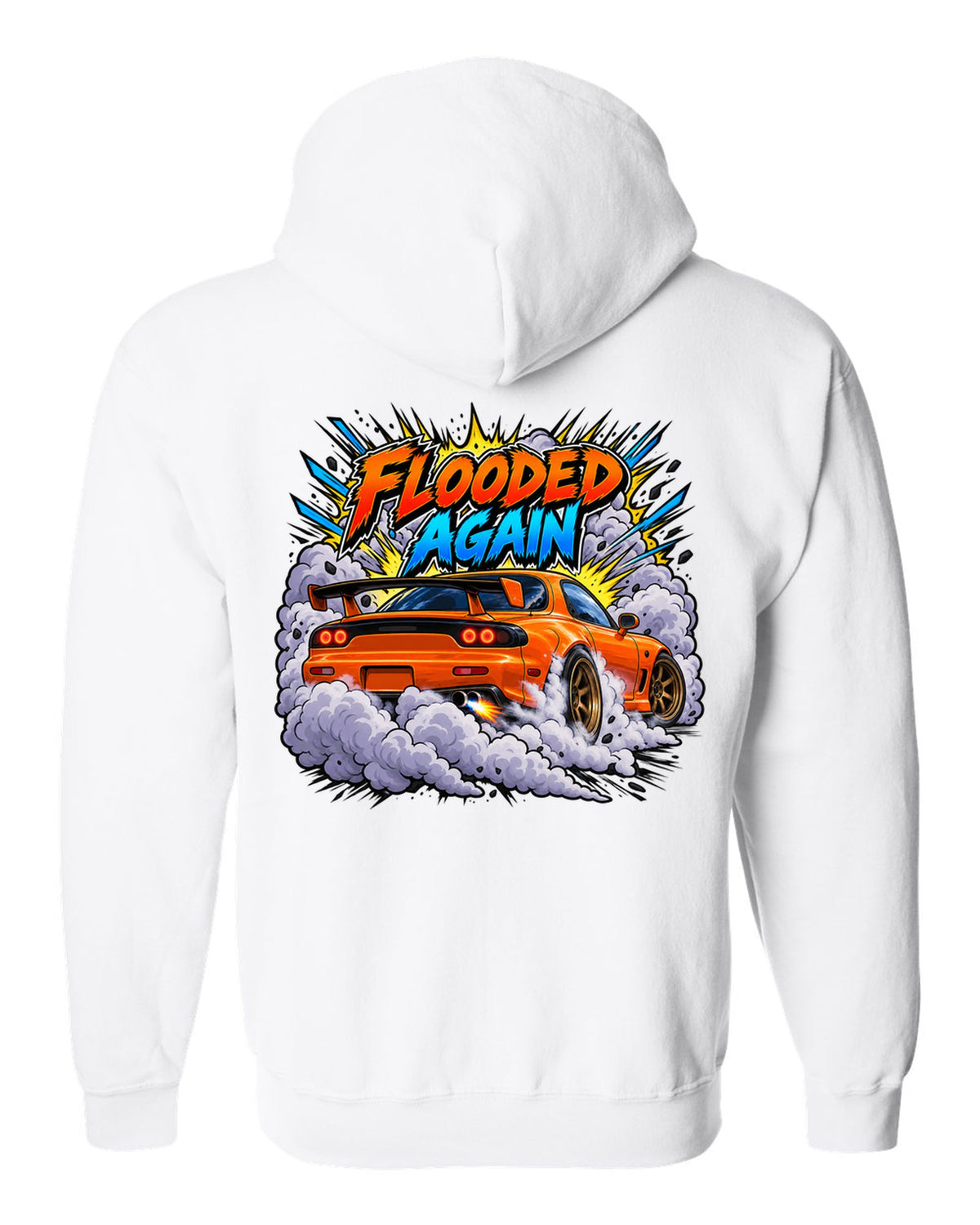 Comic-style Mazda RX-7 FD3S burnout with speed lines and smoke white zip hoodie back view with the design