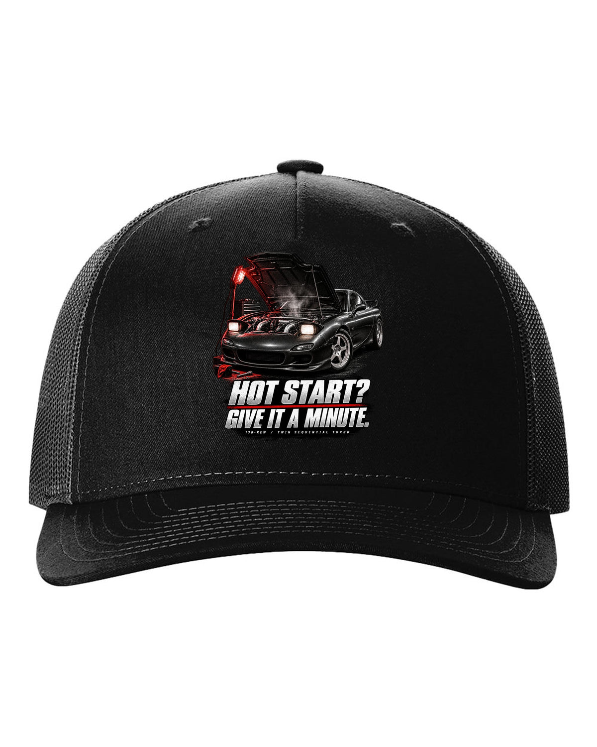 Garage night print of a Mazda RX-7 FD3S with hot start joke and 13B-REW lettering black hat front view with the design