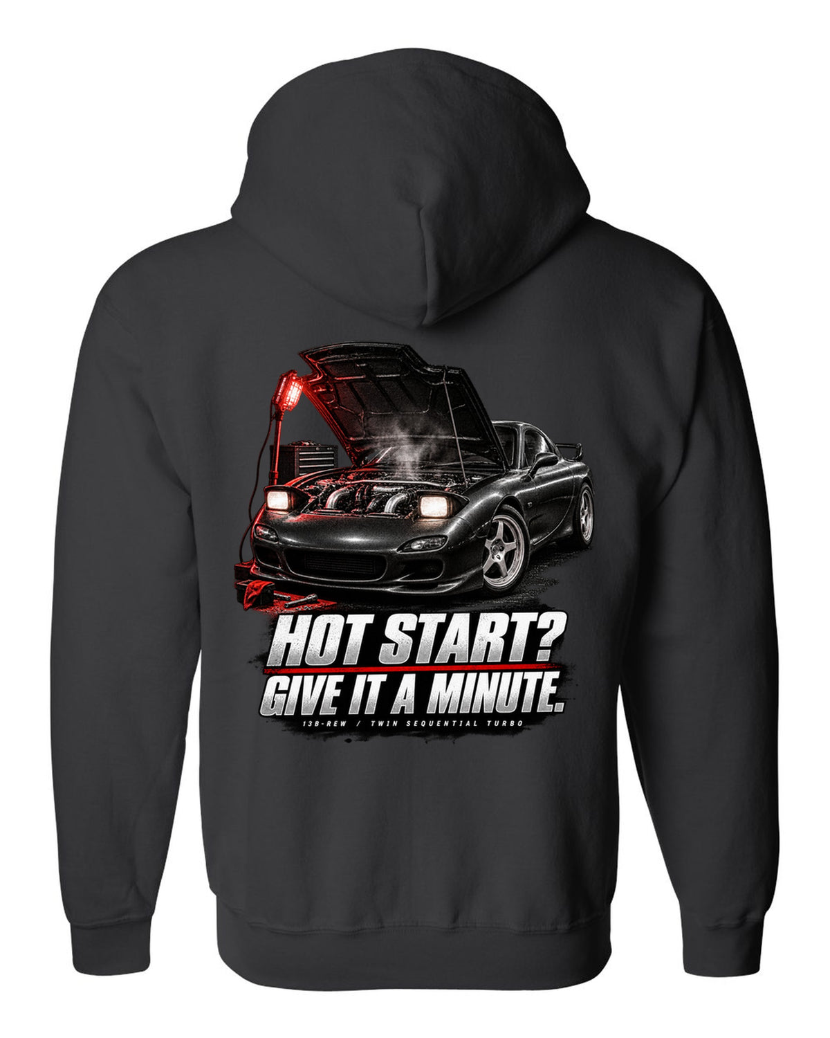 Garage night print of a Mazda RX-7 FD3S with hot start joke and 13B-REW lettering black zip hoodie back view with the design