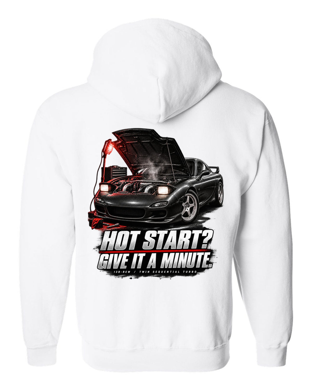 Garage night print of a Mazda RX-7 FD3S with hot start joke and 13B-REW lettering white zip hoodie back view with the design