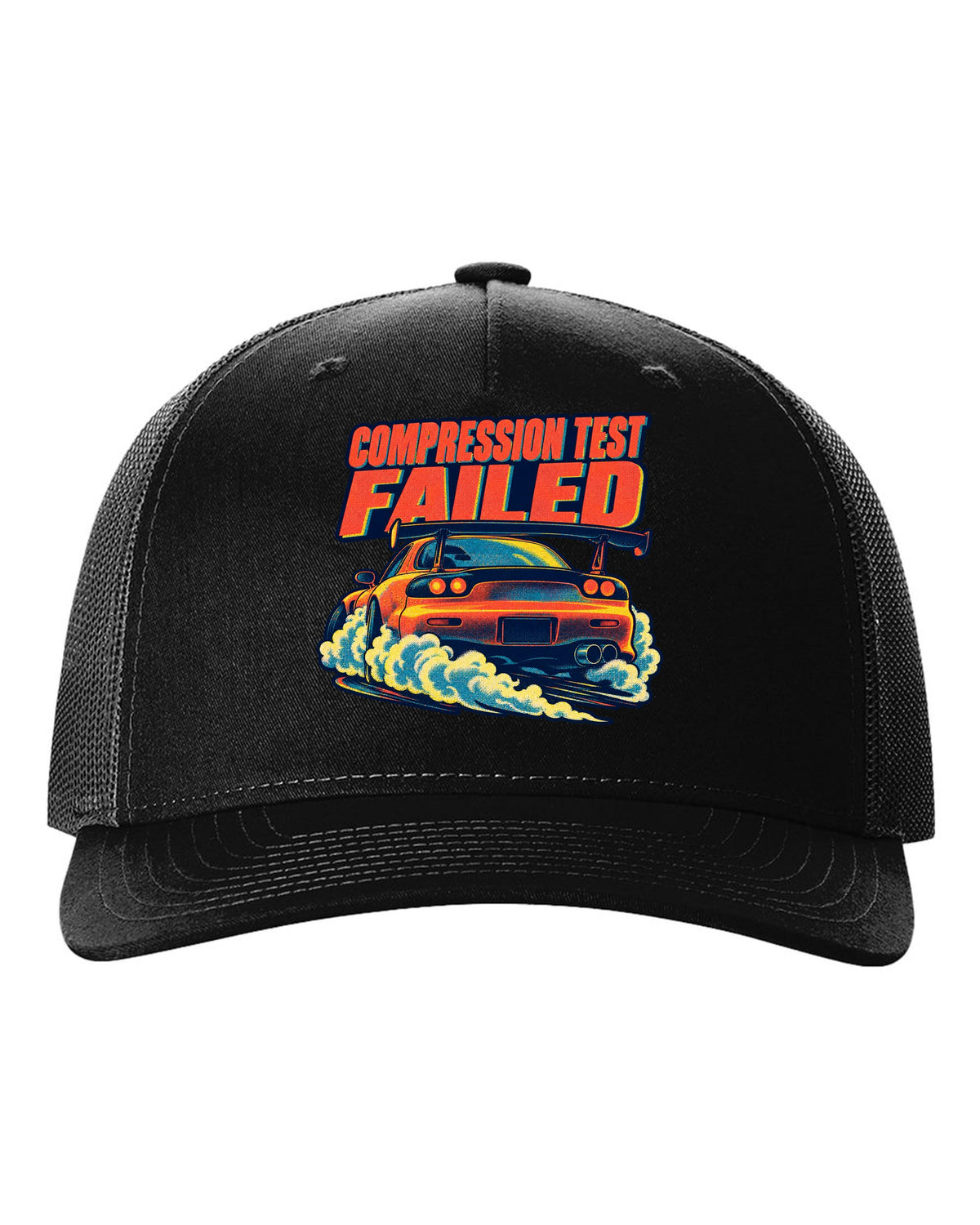 Risograph spot-colour rear view of a Mazda RX-7 FD3S with glowing taillights black hat front view with the design