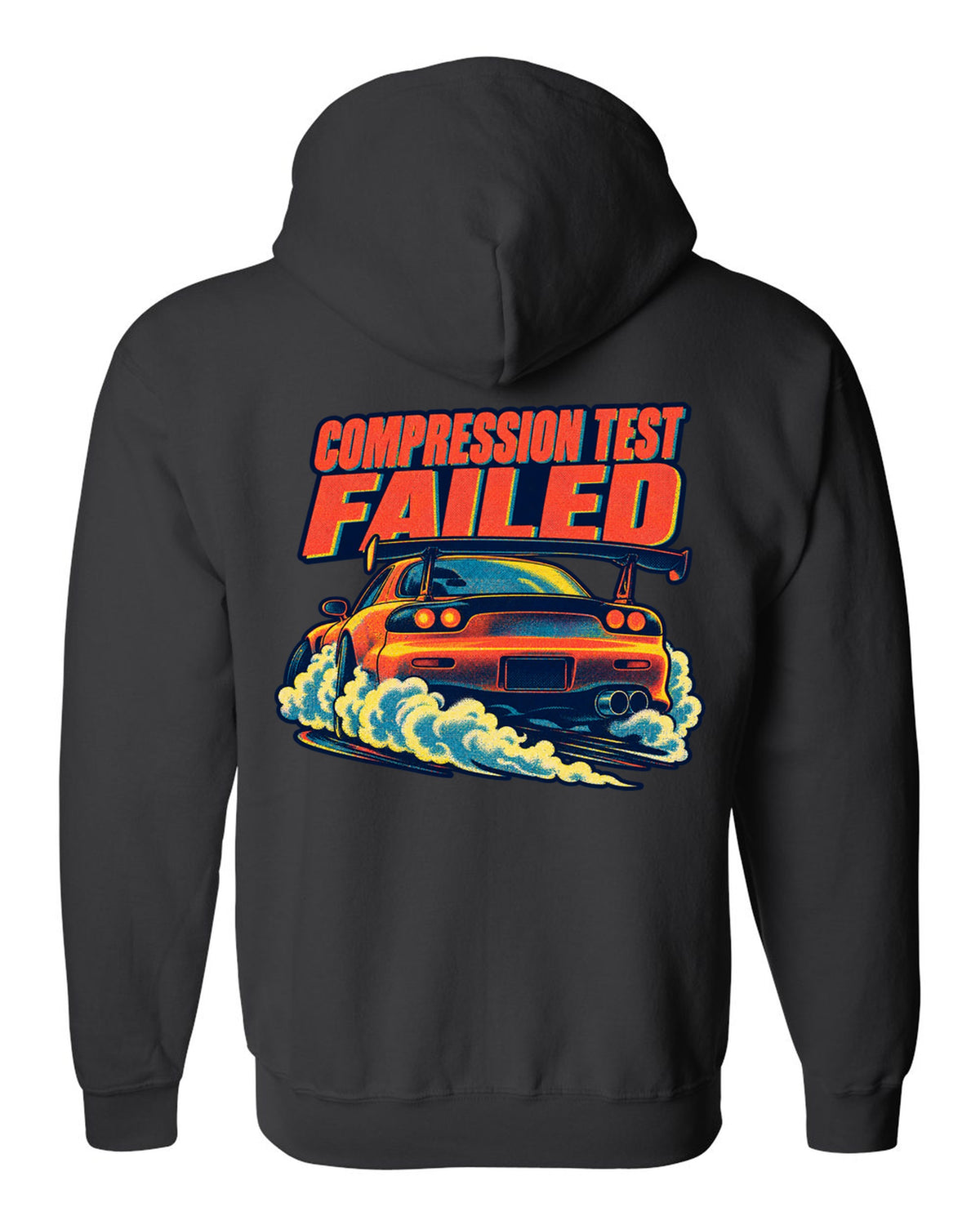 Risograph spot-colour rear view of a Mazda RX-7 FD3S with glowing taillights black zip hoodie back view with the design