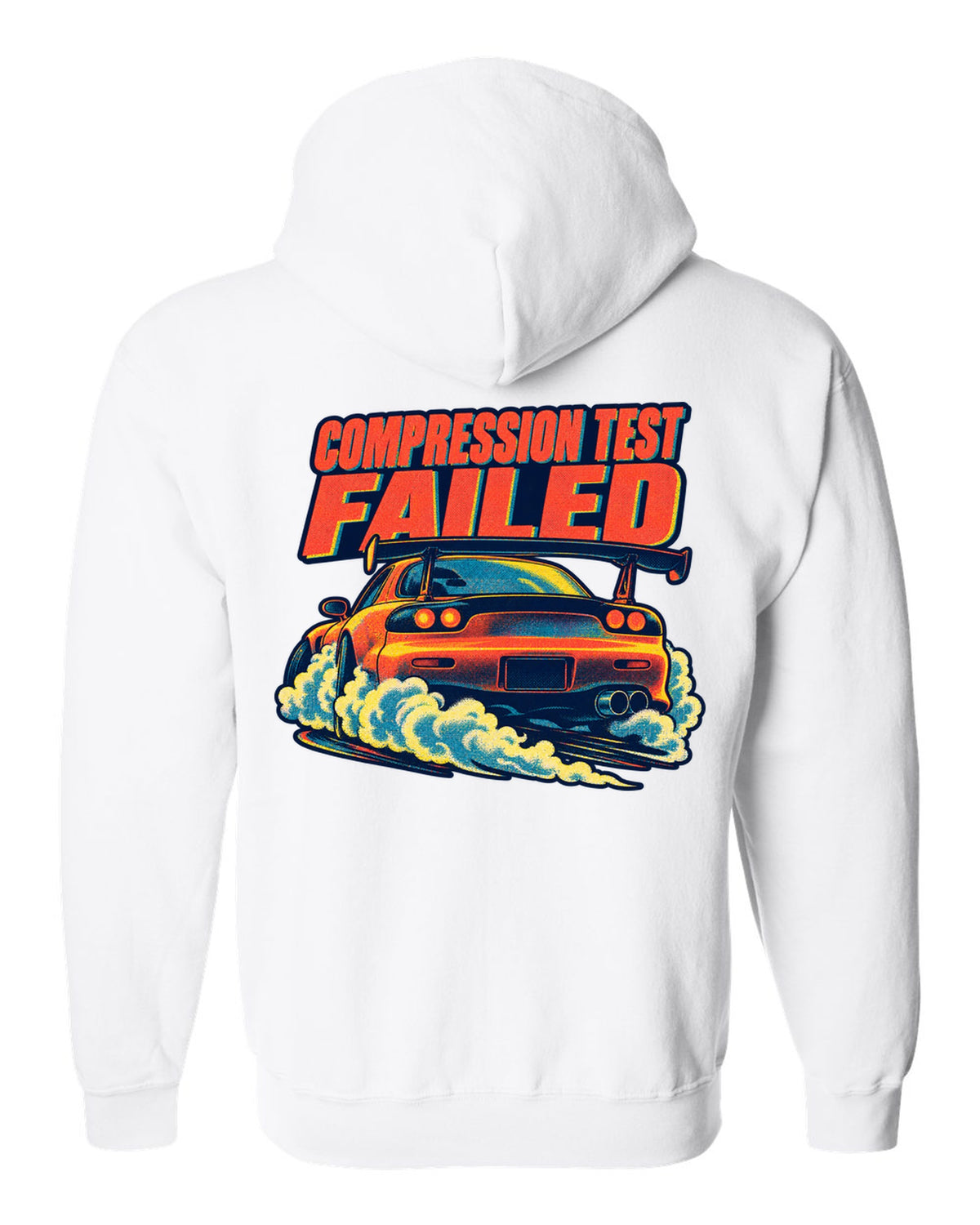 Risograph spot-colour rear view of a Mazda RX-7 FD3S with glowing taillights white zip hoodie back view with the design