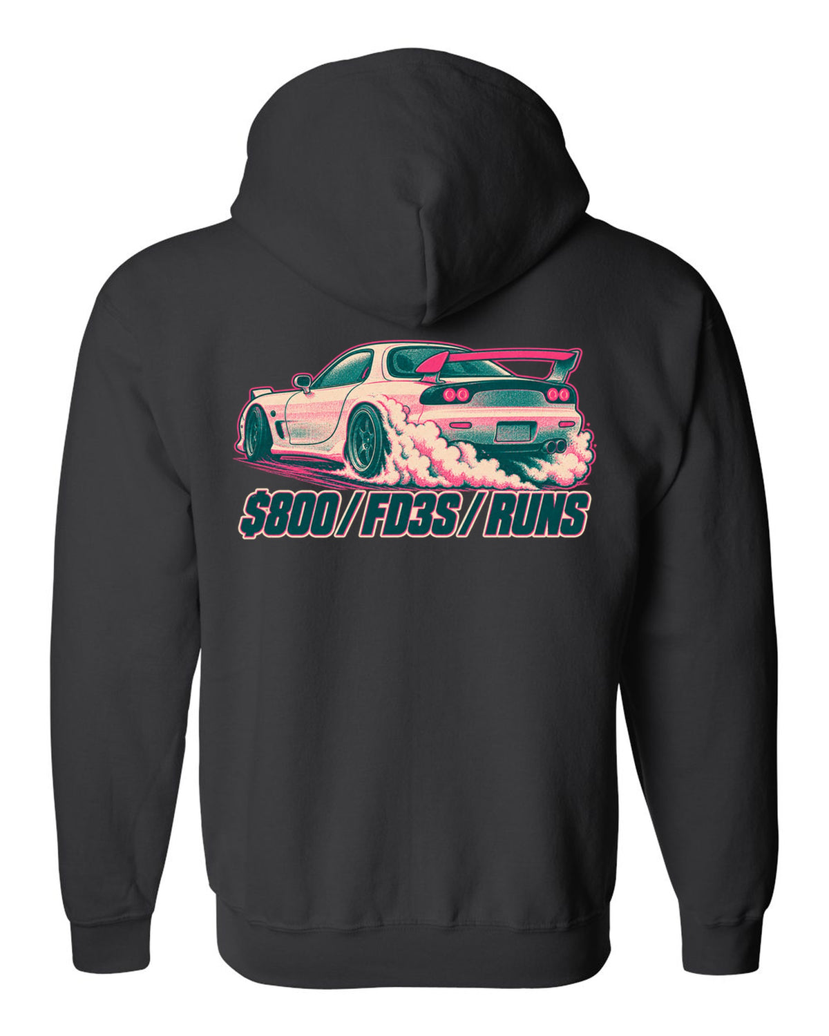 Geometric op-art rotor housing design for the Mazda RX-7 FD3S with 654 CC X 2 / NO PISTONS lettering black zip hoodie back view with the design