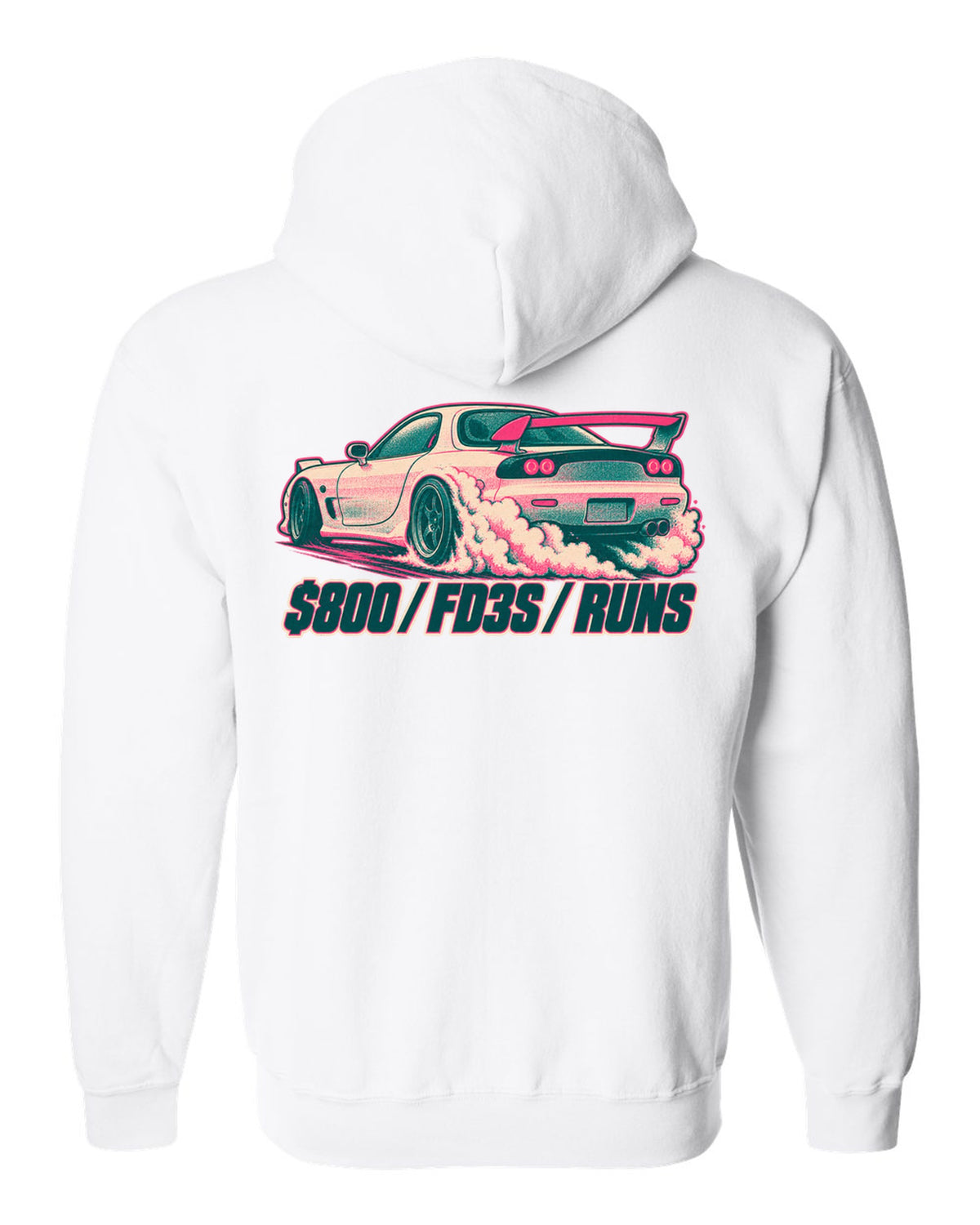 Geometric op-art rotor housing design for the Mazda RX-7 FD3S with 654 CC X 2 / NO PISTONS lettering white zip hoodie back view with the design