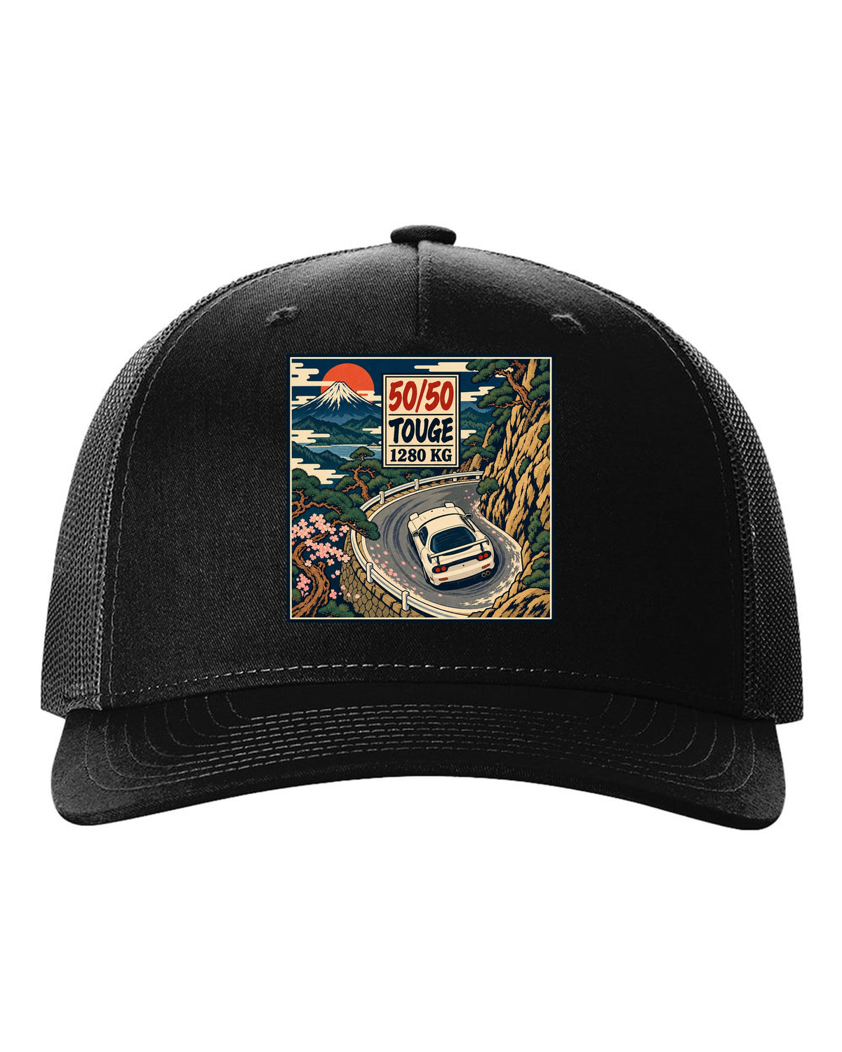 Lo-fi anime harbour dusk scene with a Mazda RX-7 FD3S and SA22C and HIROSHIMA lettering black hat front view with the design