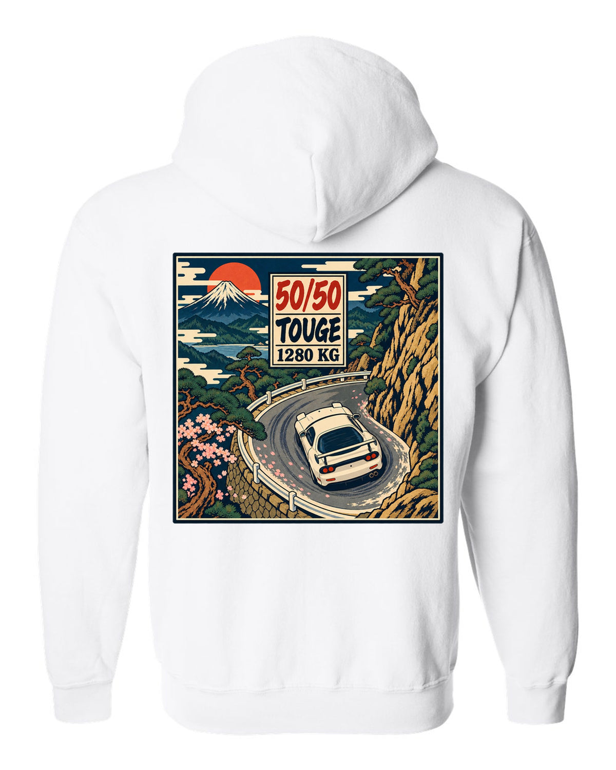 Lo-fi anime harbour dusk scene with a Mazda RX-7 FD3S and SA22C and HIROSHIMA lettering white zip hoodie back view with the design