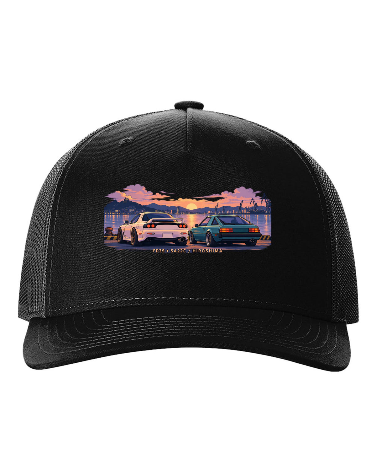 Ukiyo-e woodblock illustration of a Mazda RX-7 FD3S on a touge hairpin with 50/50 / 1280 KG lettering black hat front view with the design