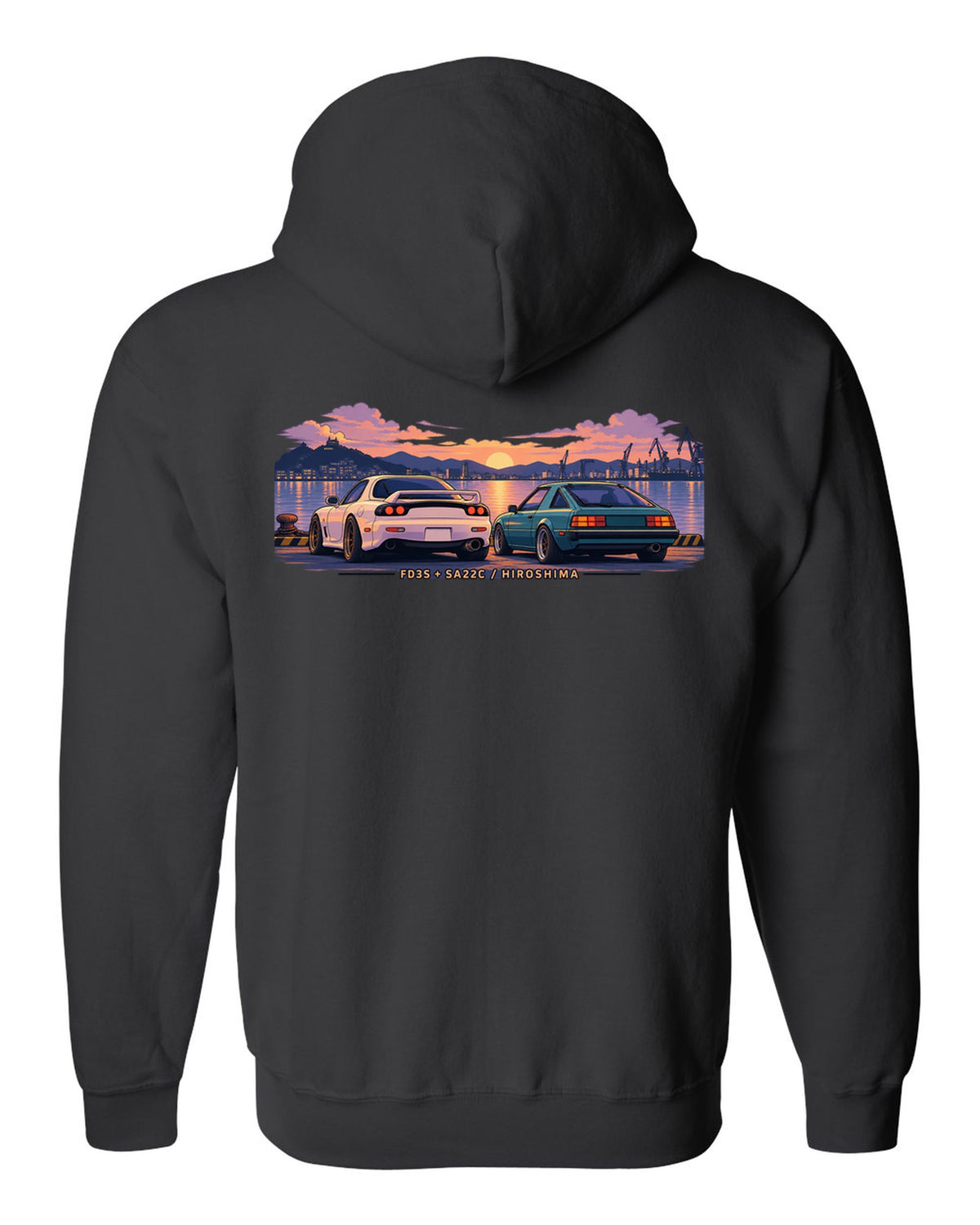 Ukiyo-e woodblock illustration of a Mazda RX-7 FD3S on a touge hairpin with 50/50 / 1280 KG lettering black zip hoodie back view with the design