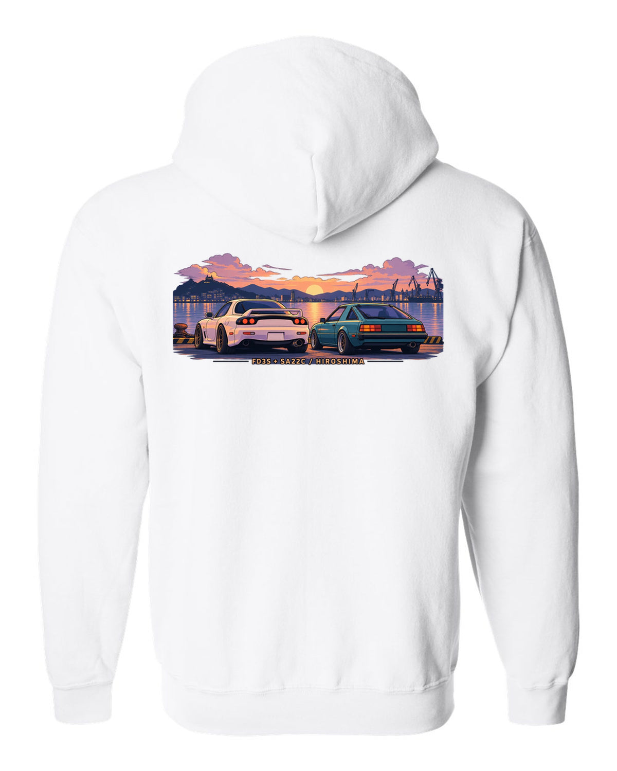 Ukiyo-e woodblock illustration of a Mazda RX-7 FD3S on a touge hairpin with 50/50 / 1280 KG lettering white zip hoodie back view with the design