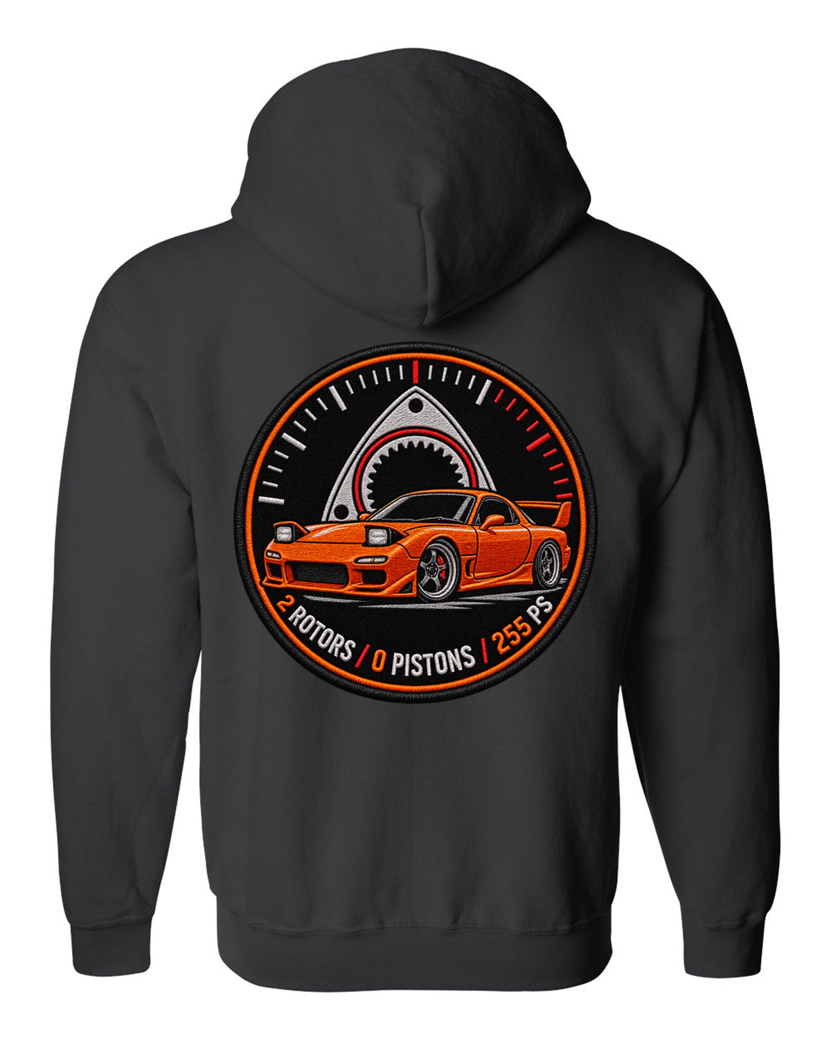 Round embroidery-style crest print for the Mazda RX-7 FD3S with 2 rotors 0 pistons 255 PS lettering black zip hoodie back view with the design