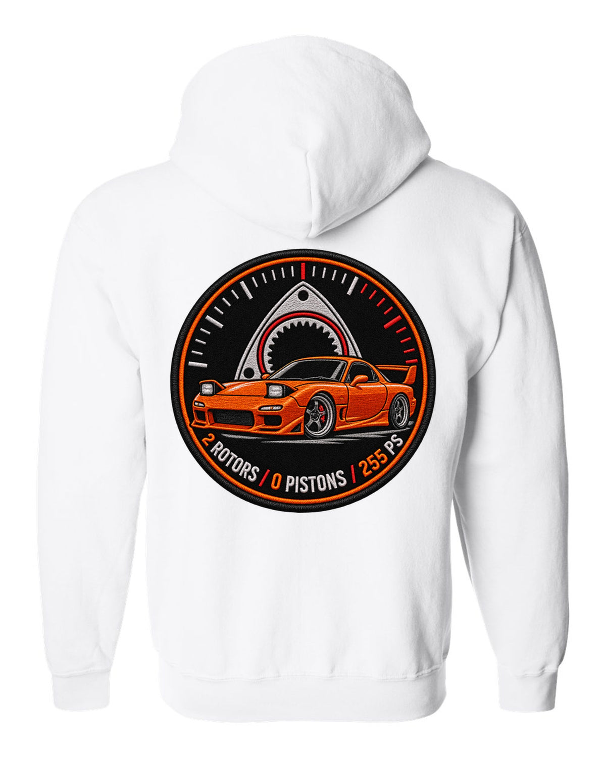 Round embroidery-style crest print for the Mazda RX-7 FD3S with 2 rotors 0 pistons 255 PS lettering white zip hoodie back view with the design