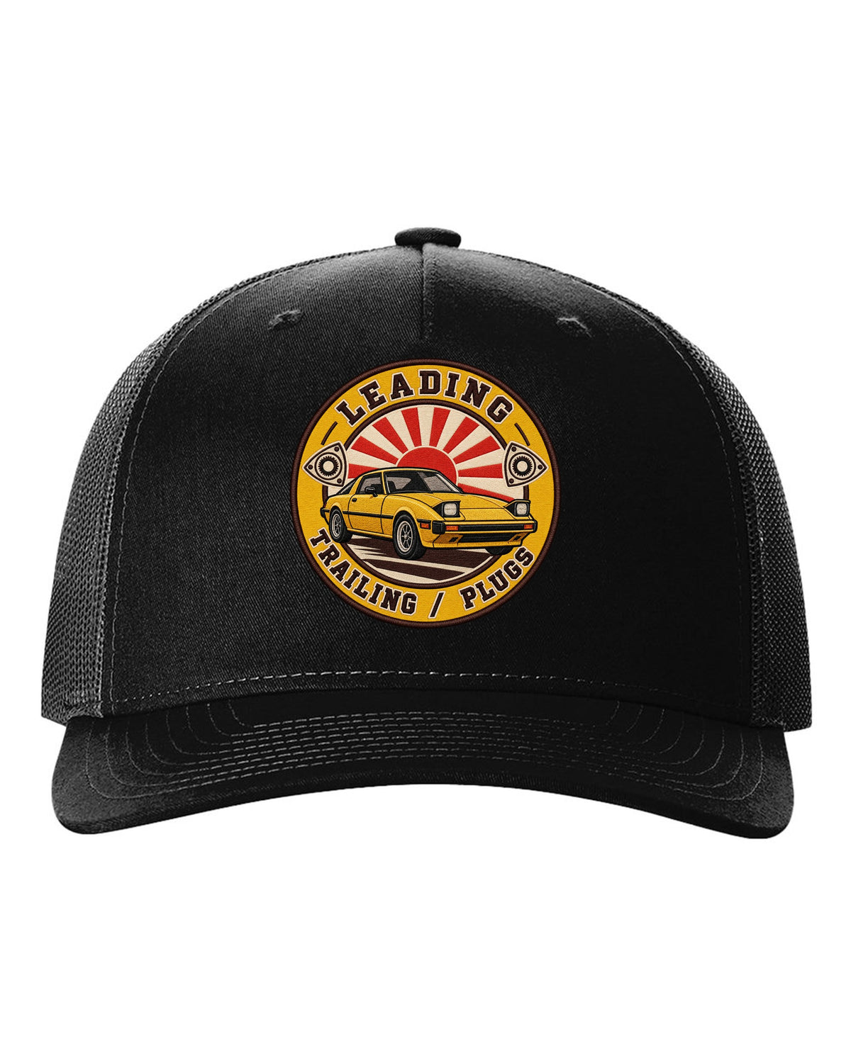 Embroidery-style roundel crest of a Mazda RX-7 SA22C with rotary plug text black hat front view with the design