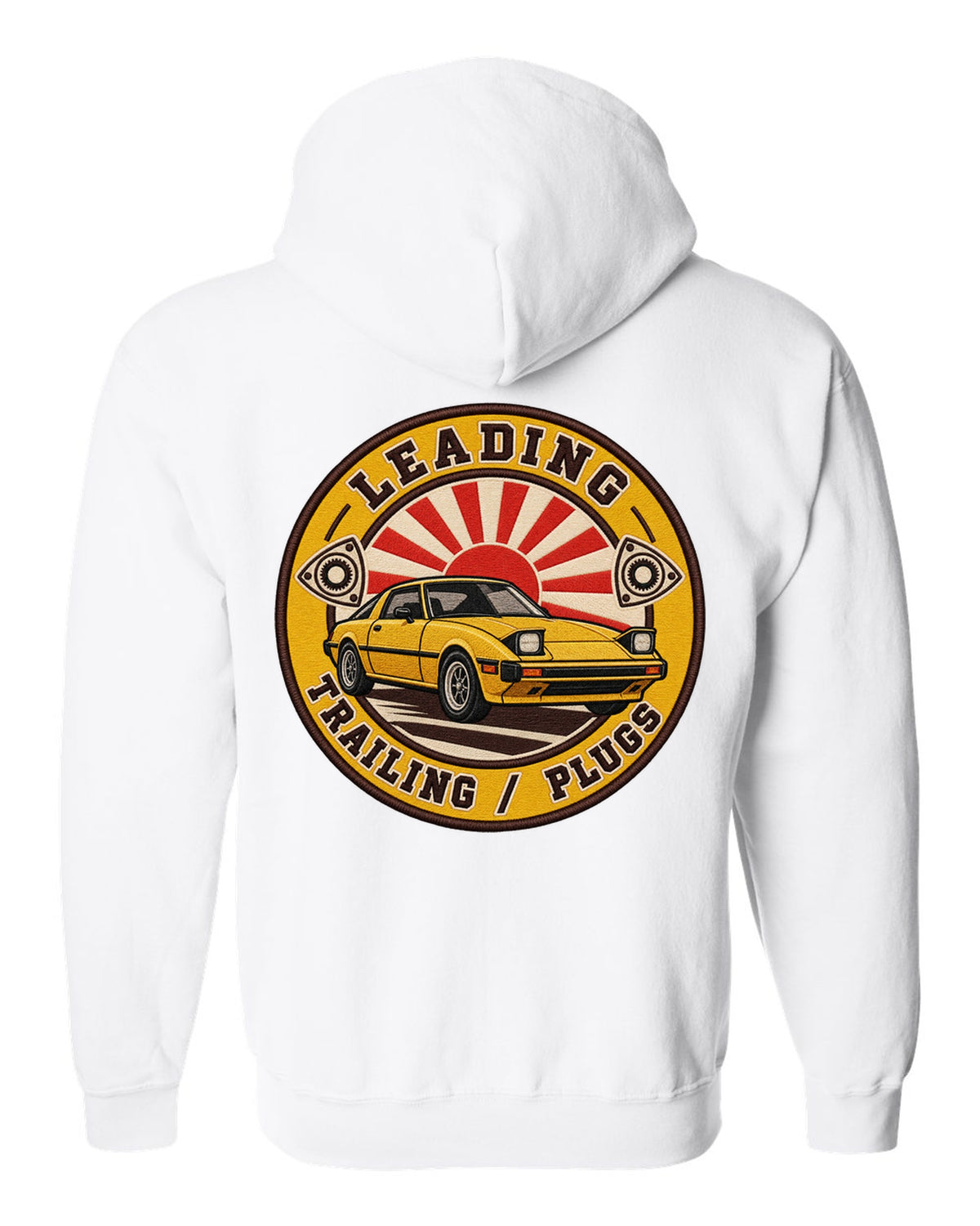 Embroidery-style roundel crest of a Mazda RX-7 SA22C with rotary plug text white zip hoodie back view with the design