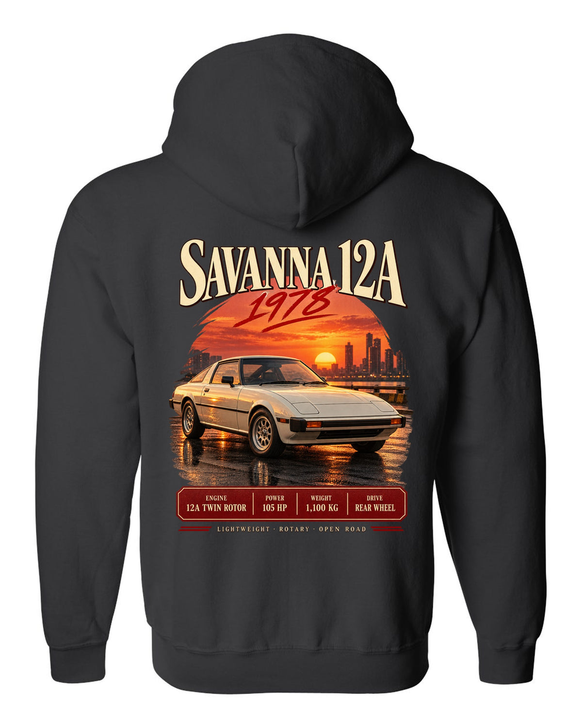 Archive panel print for the Mazda RX-7 SA22C 1978-85 with Savanna 12A and 1,100 kg details black zip hoodie back view with the design
