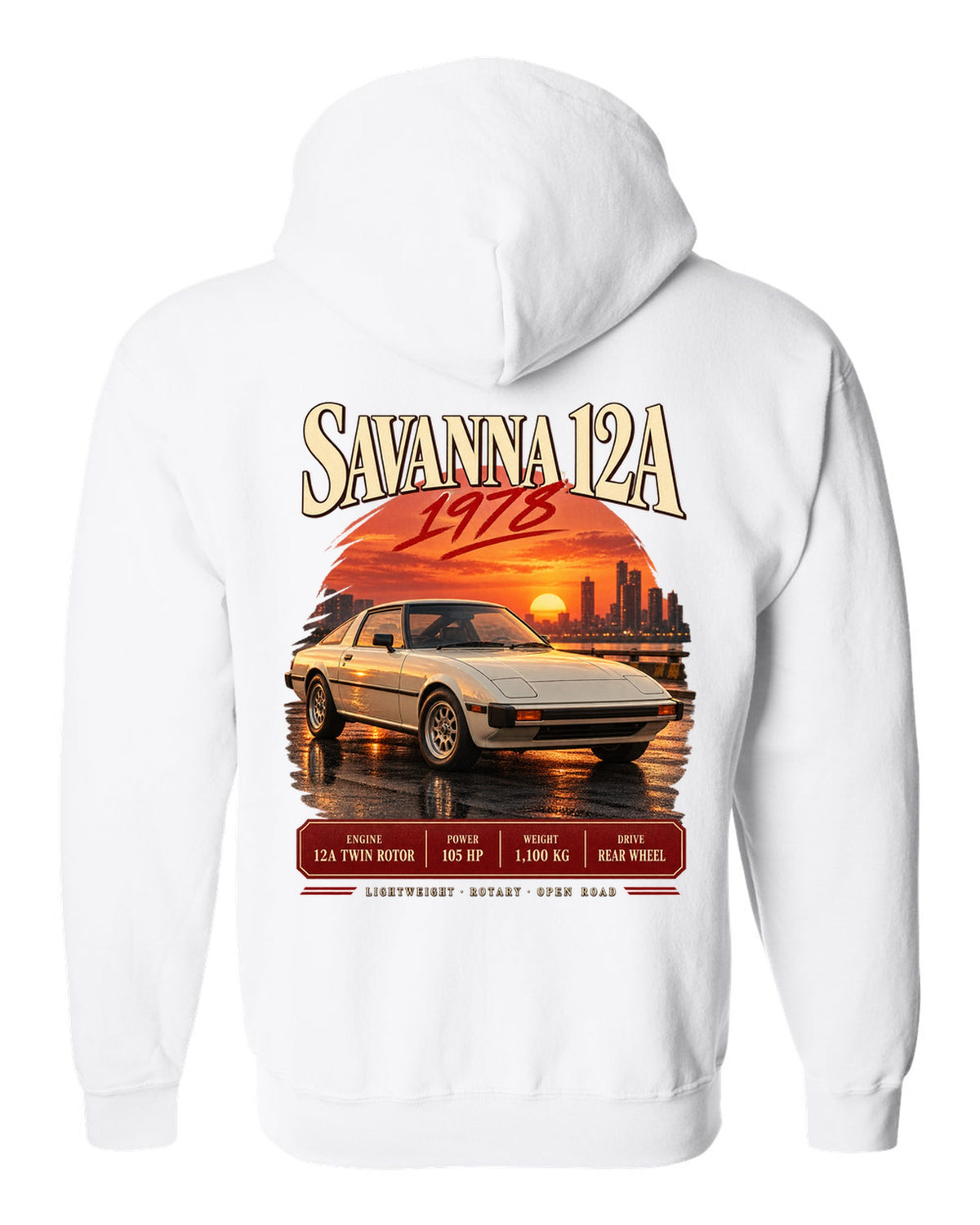 Archive panel print for the Mazda RX-7 SA22C 1978-85 with Savanna 12A and 1,100 kg details white zip hoodie back view with the design
