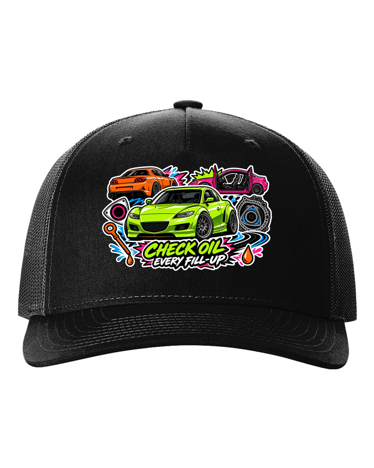 Retro synthwave sunset grid design for the Mazda RX-8 Renesis with 15 MPG ON A GOOD DAY lettering black hat front view with the design