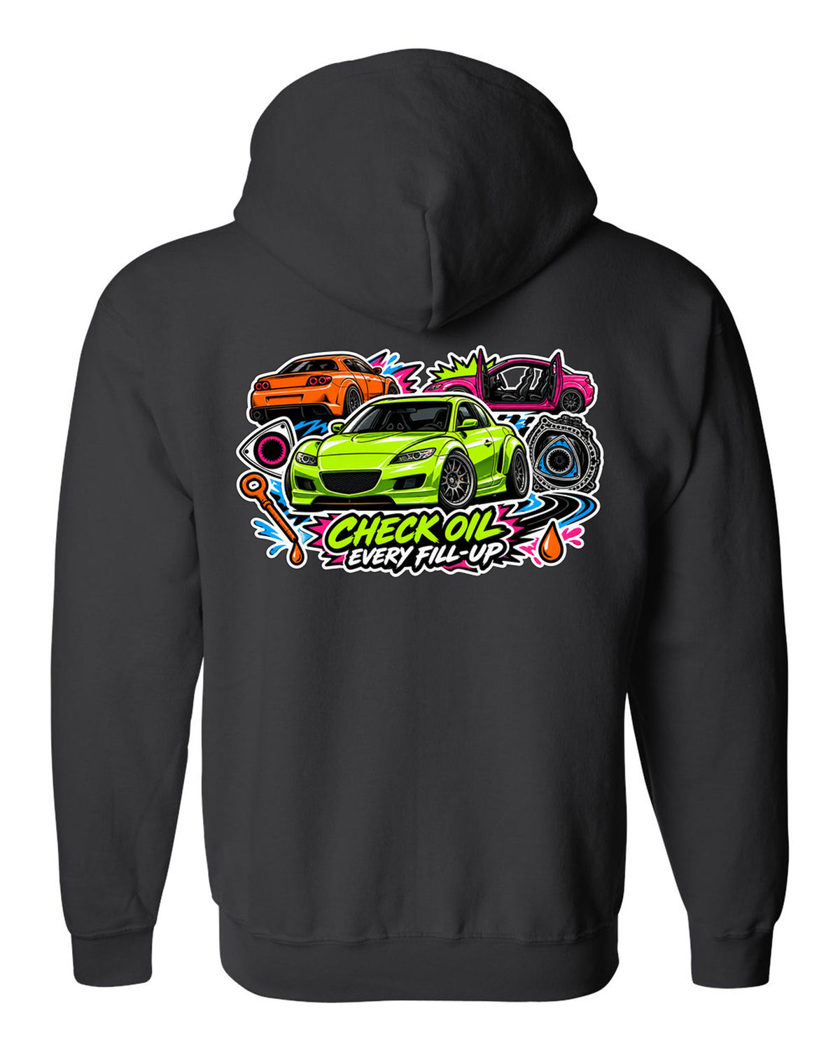 Retro synthwave sunset grid design for the Mazda RX-8 Renesis with 15 MPG ON A GOOD DAY lettering black zip hoodie back view with the design