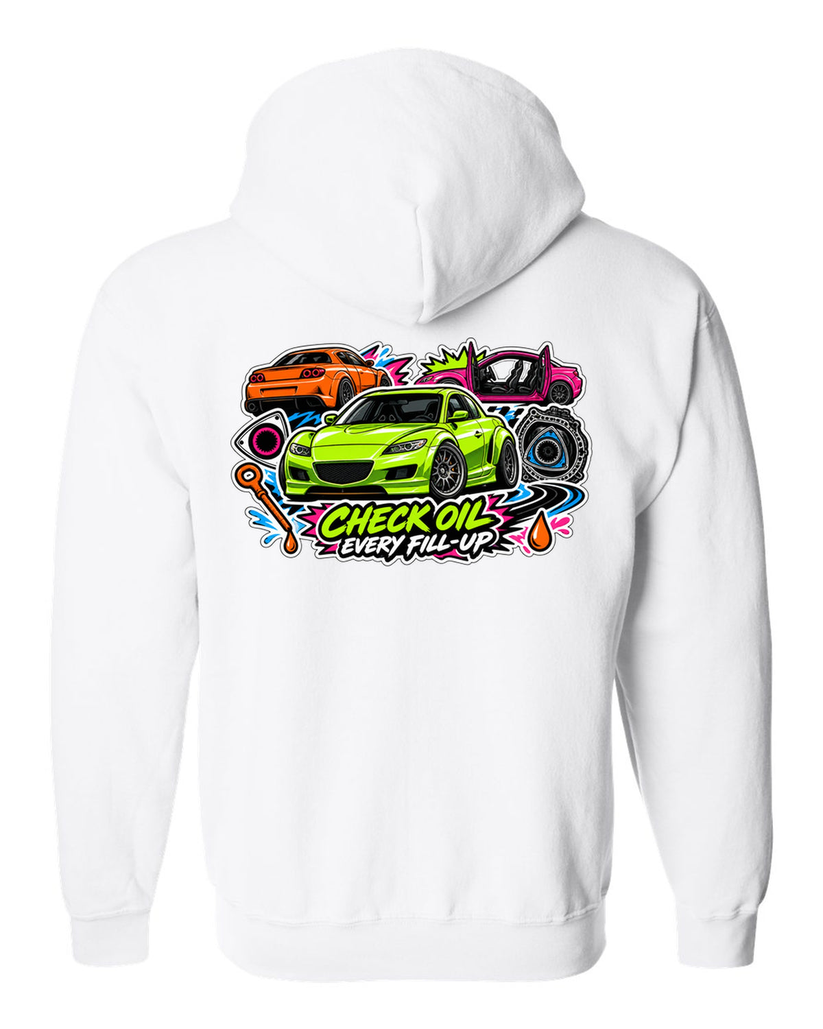 Retro synthwave sunset grid design for the Mazda RX-8 Renesis with 15 MPG ON A GOOD DAY lettering white zip hoodie back view with the design