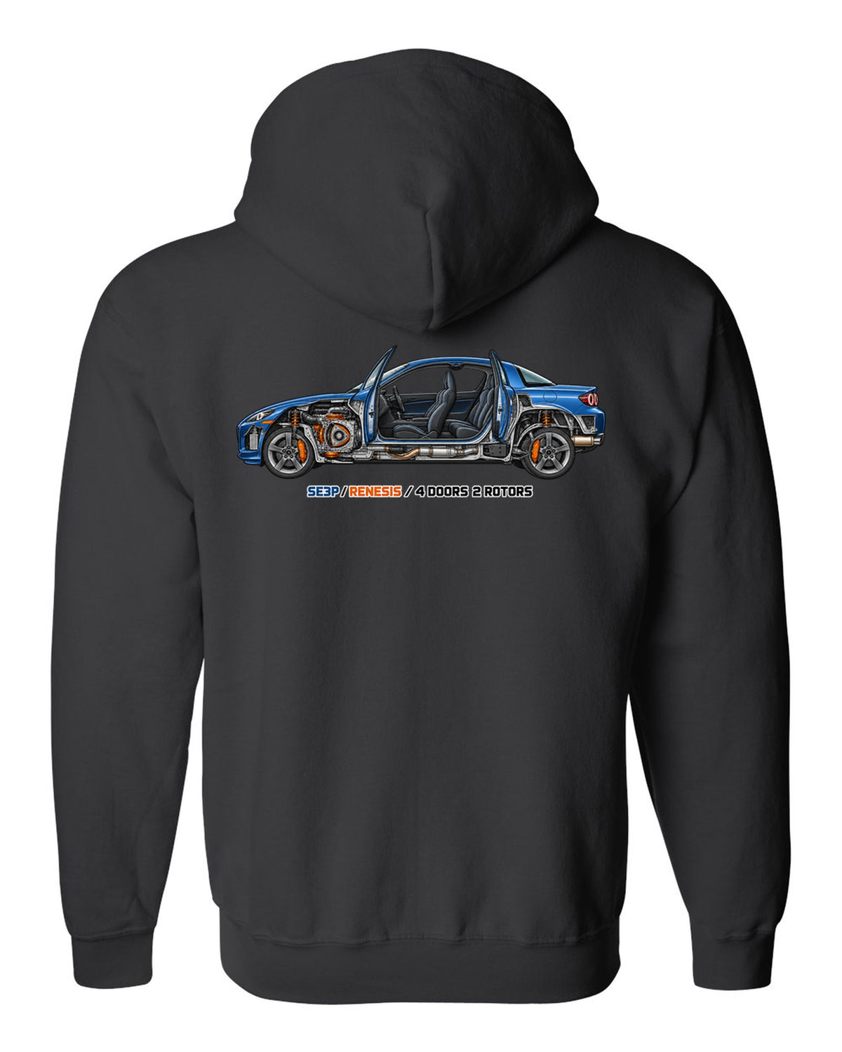 Technical cutaway illustration of the Mazda RX-8 SE3P with RENESIS and 4 DOORS 2 ROTORS lettering black zip hoodie back view with the design