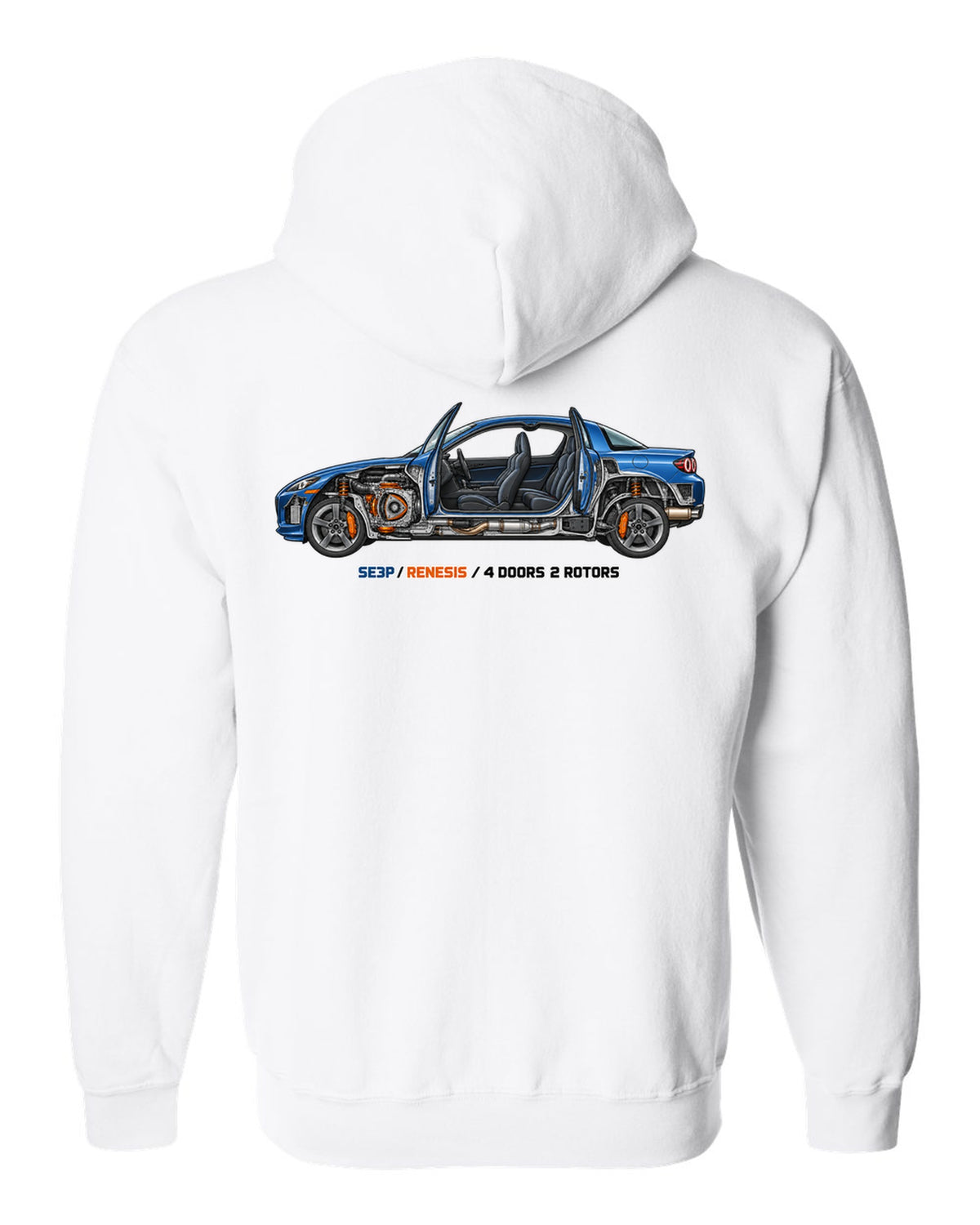 Technical cutaway illustration of the Mazda RX-8 SE3P with RENESIS and 4 DOORS 2 ROTORS lettering white zip hoodie back view with the design