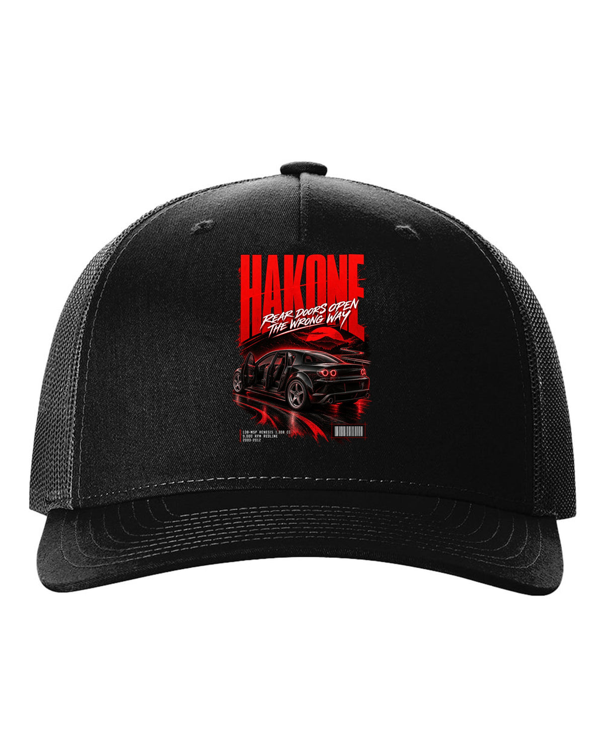 Street poster print for the 2004 Mazda RX-8 SE3P with Hakone lettering and Renesis rotary details black hat front view with the design