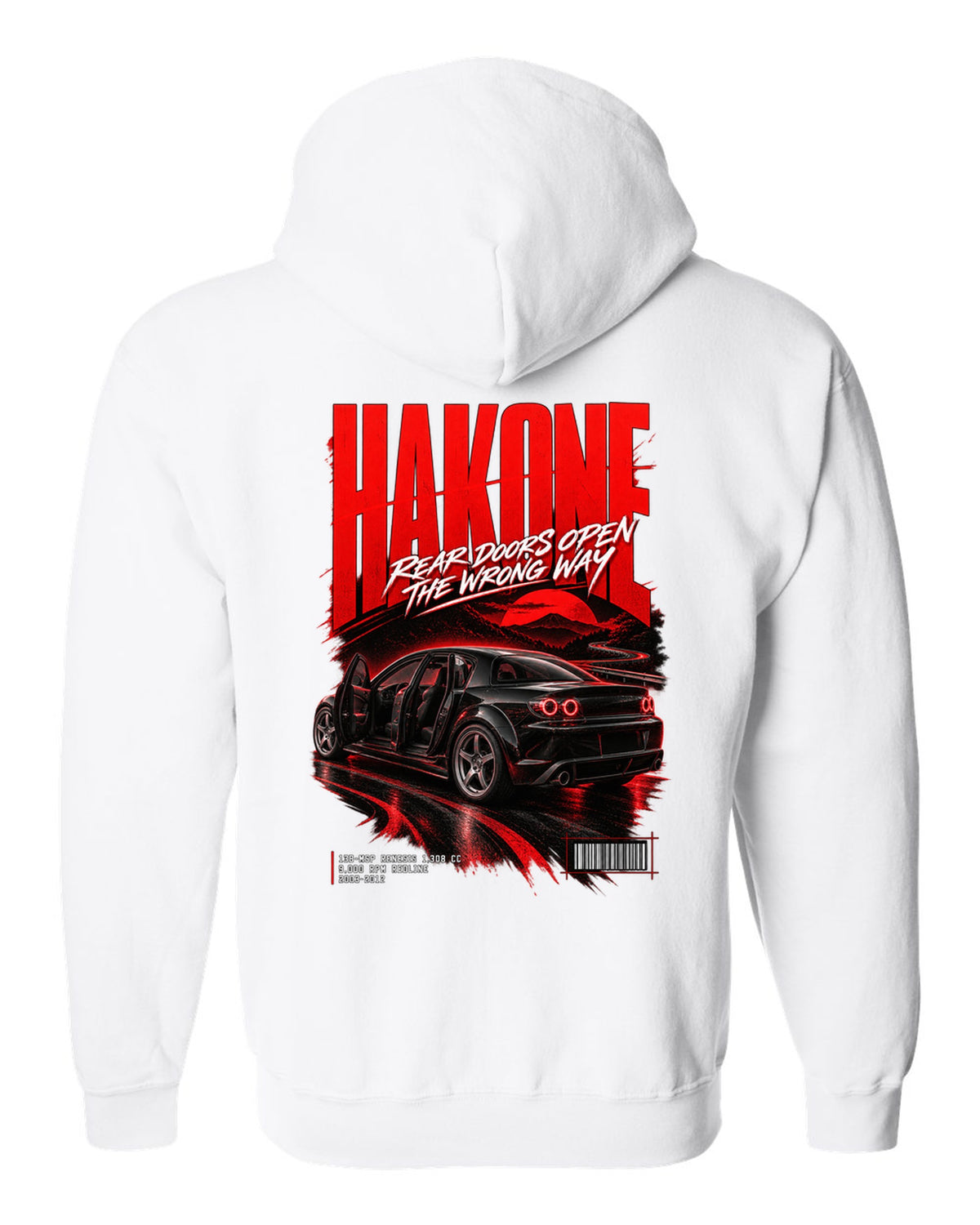 Street poster print for the 2004 Mazda RX-8 SE3P with Hakone lettering and Renesis rotary details white zip hoodie back view with the design