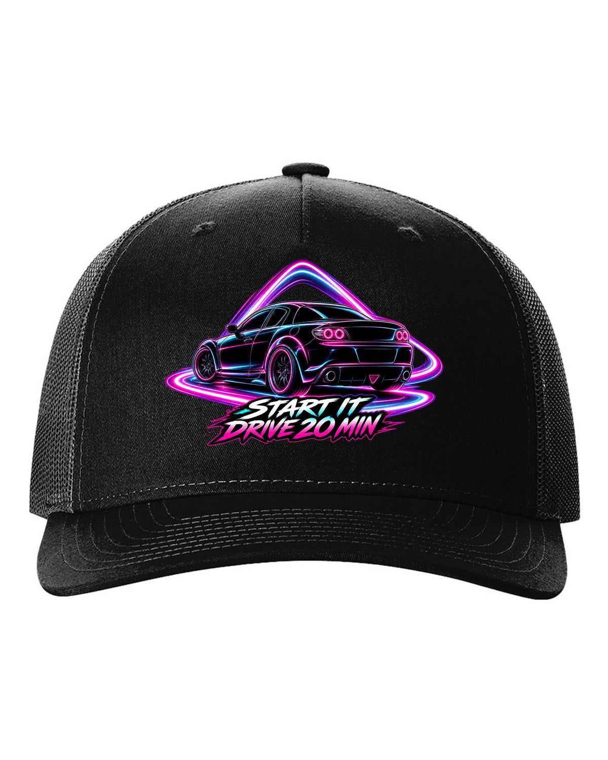 Neon outline light painting of a Mazda RX-8 SE3P with START IT / DRIVE 20 MIN lettering black hat front view with the design
