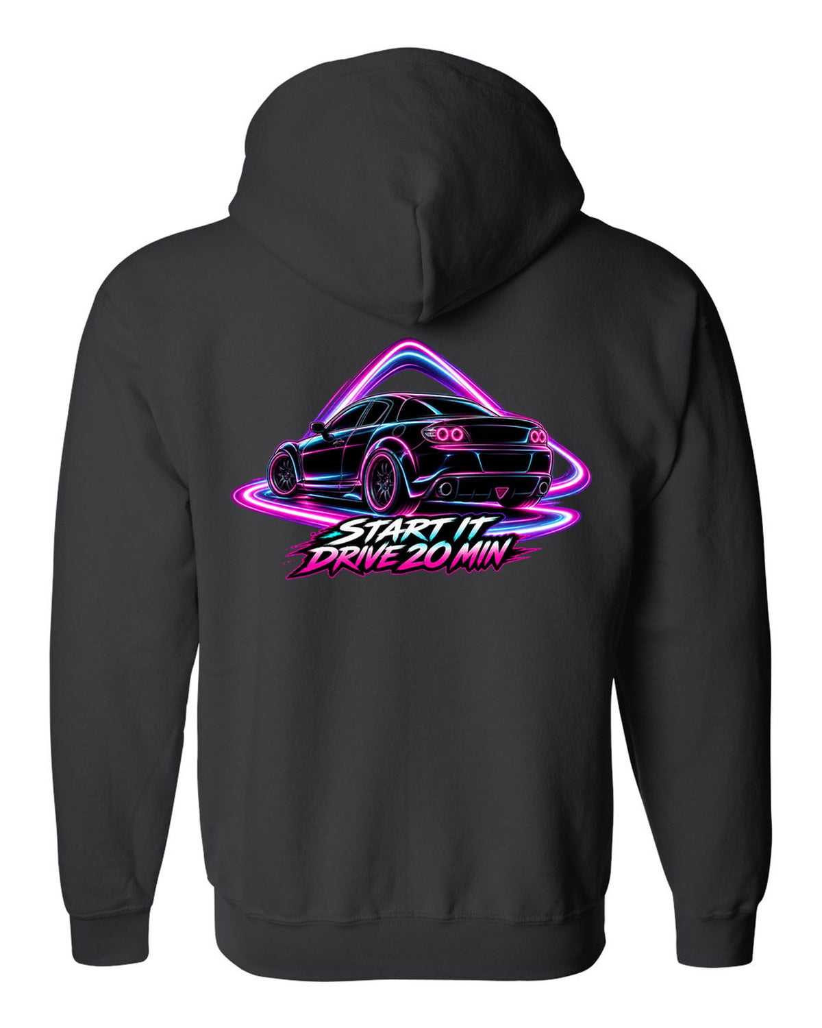 Neon outline light painting of a Mazda RX-8 SE3P with START IT / DRIVE 20 MIN lettering black zip hoodie back view with the design
