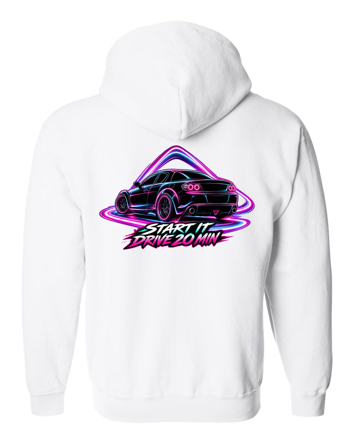 Neon outline light painting of a Mazda RX-8 SE3P with START IT / DRIVE 20 MIN lettering white zip hoodie back view with the design