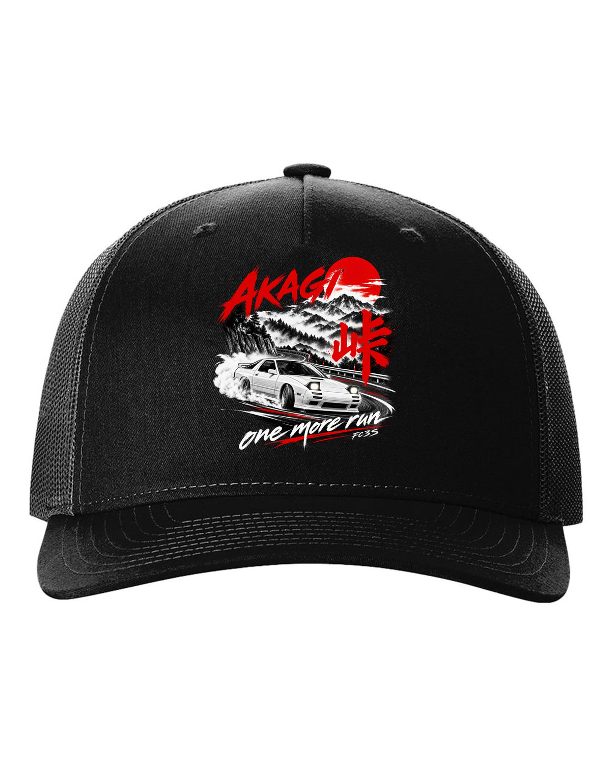 Night print of a Mazda RX-7 FC3S on Akagi with one more run lettering black hat front view with the design