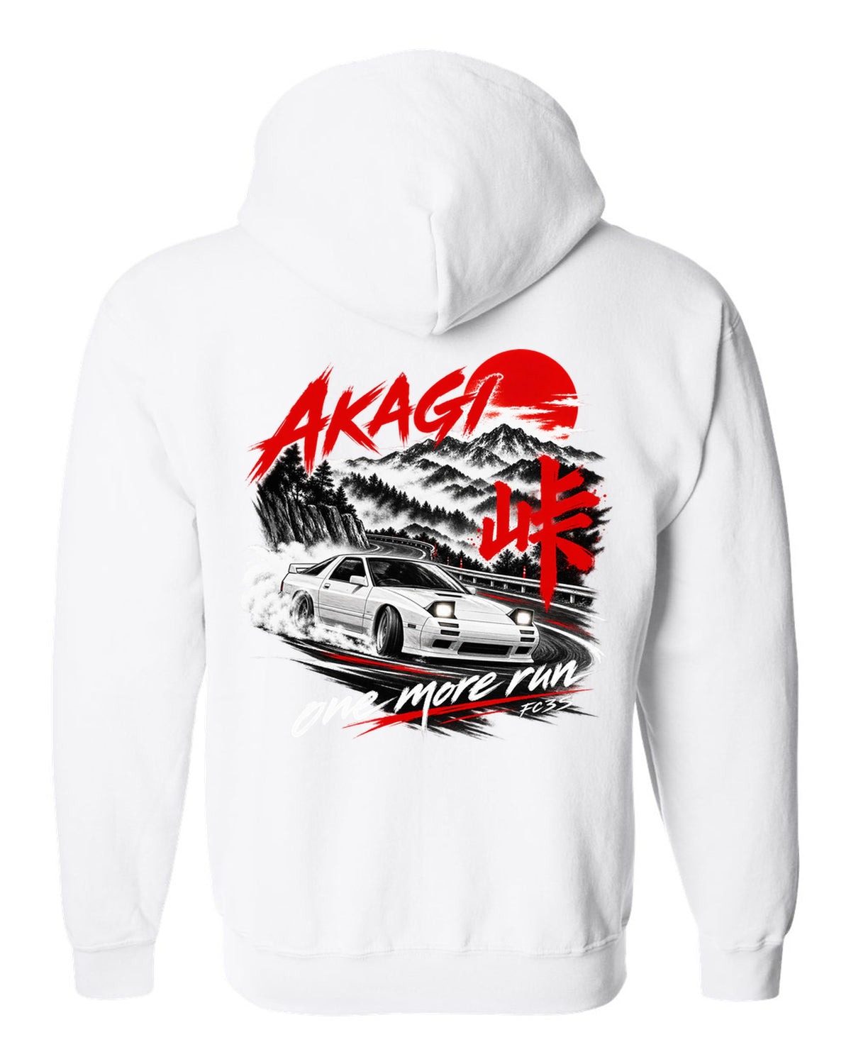 Night print of a Mazda RX-7 FC3S on Akagi with one more run lettering white zip hoodie back view with the design