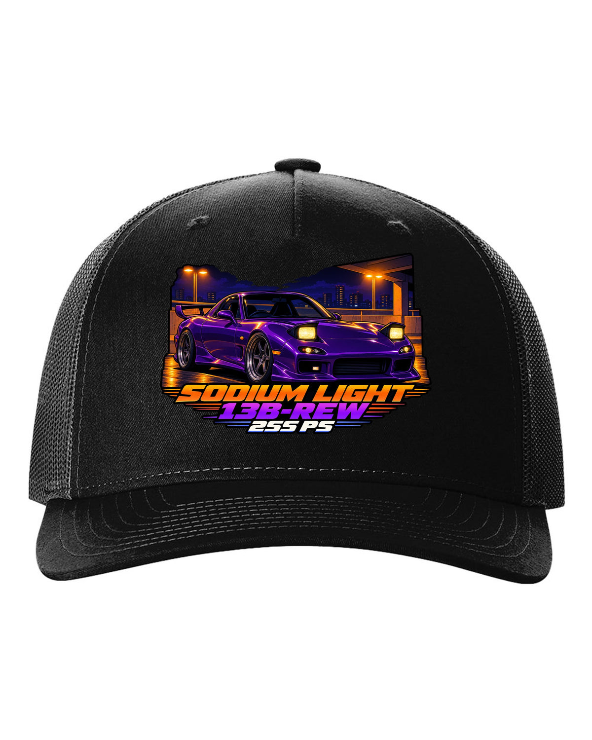 Cel-shaded 90s anime night print of a Mazda RX-7 FD3S with text Sodium Light, 13B-REW, 255 PS black hat front view with the design