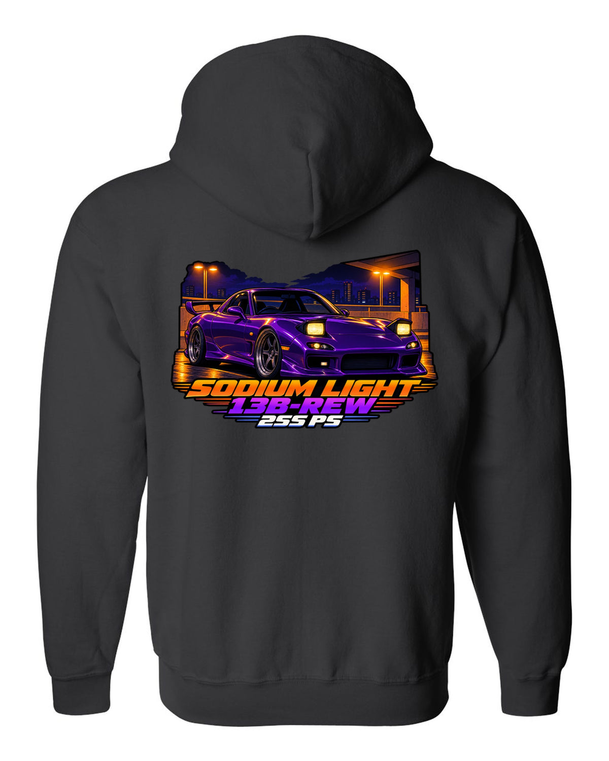 Cel-shaded 90s anime night print of a Mazda RX-7 FD3S with text Sodium Light, 13B-REW, 255 PS black zip hoodie back view with the design