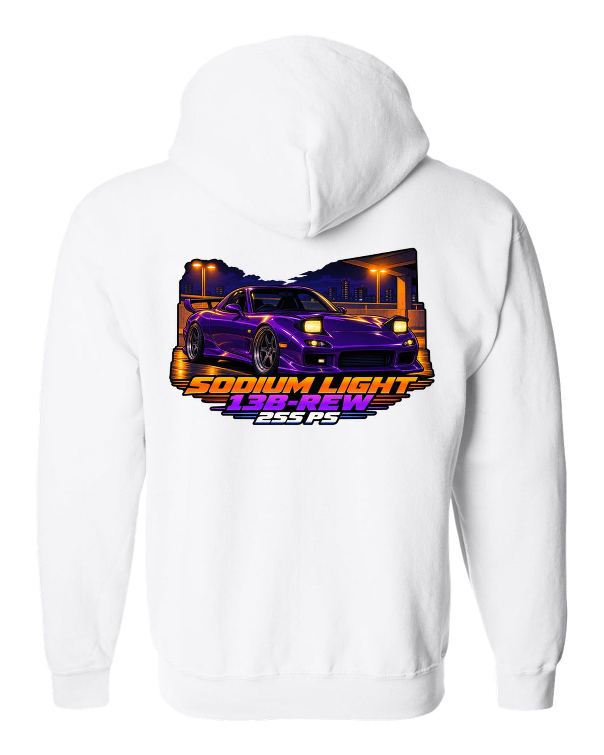 Cel-shaded 90s anime night print of a Mazda RX-7 FD3S with text Sodium Light, 13B-REW, 255 PS white zip hoodie back view with the design