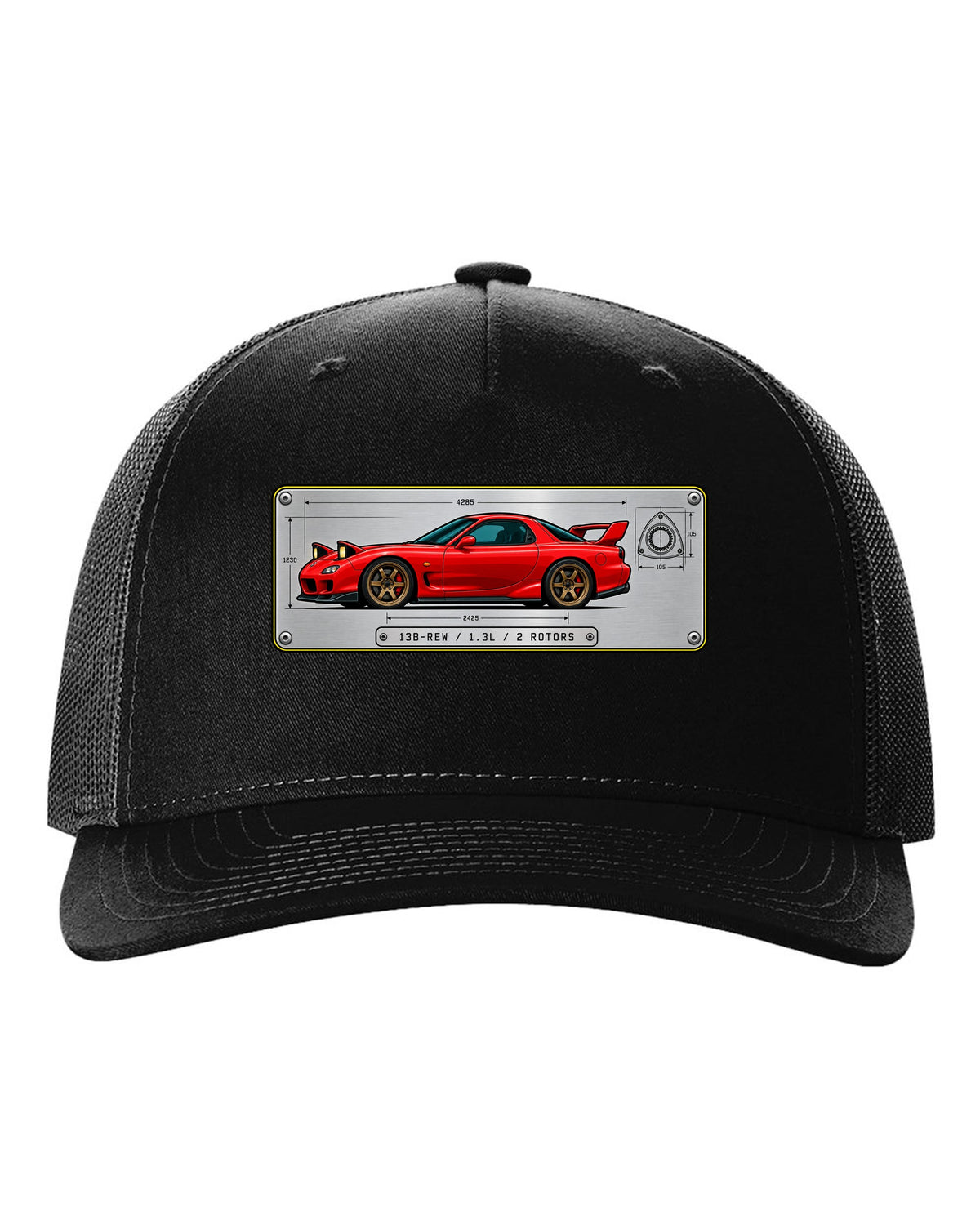 Spec plate print for a Mazda RX-7 FD3S listing 13B-REW, 1.3L and 2 rotors black hat front view with the design