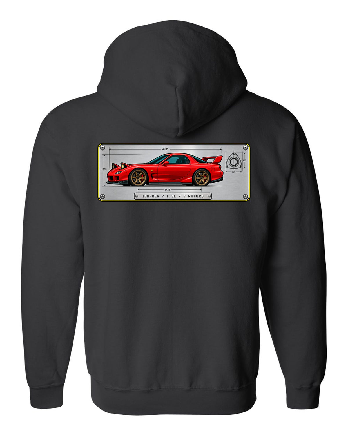 Spec plate print for a Mazda RX-7 FD3S listing 13B-REW, 1.3L and 2 rotors black zip hoodie back view with the design