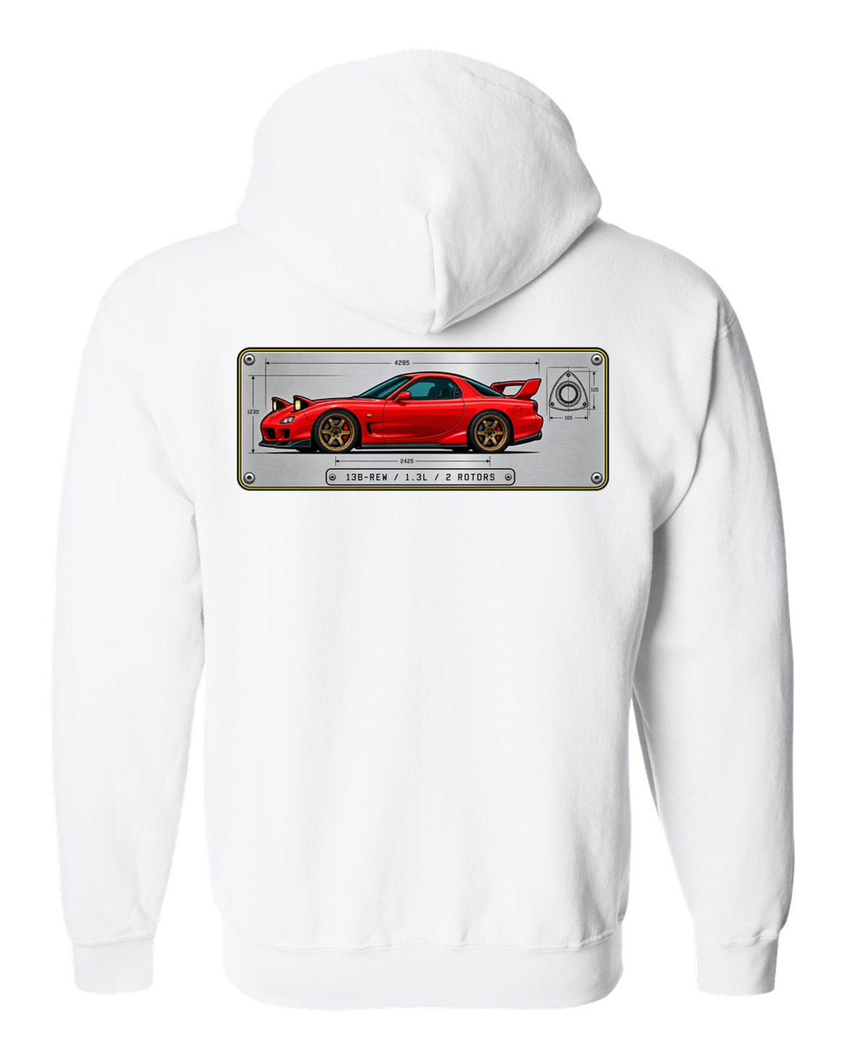 Spec plate print for a Mazda RX-7 FD3S listing 13B-REW, 1.3L and 2 rotors white zip hoodie back view with the design
