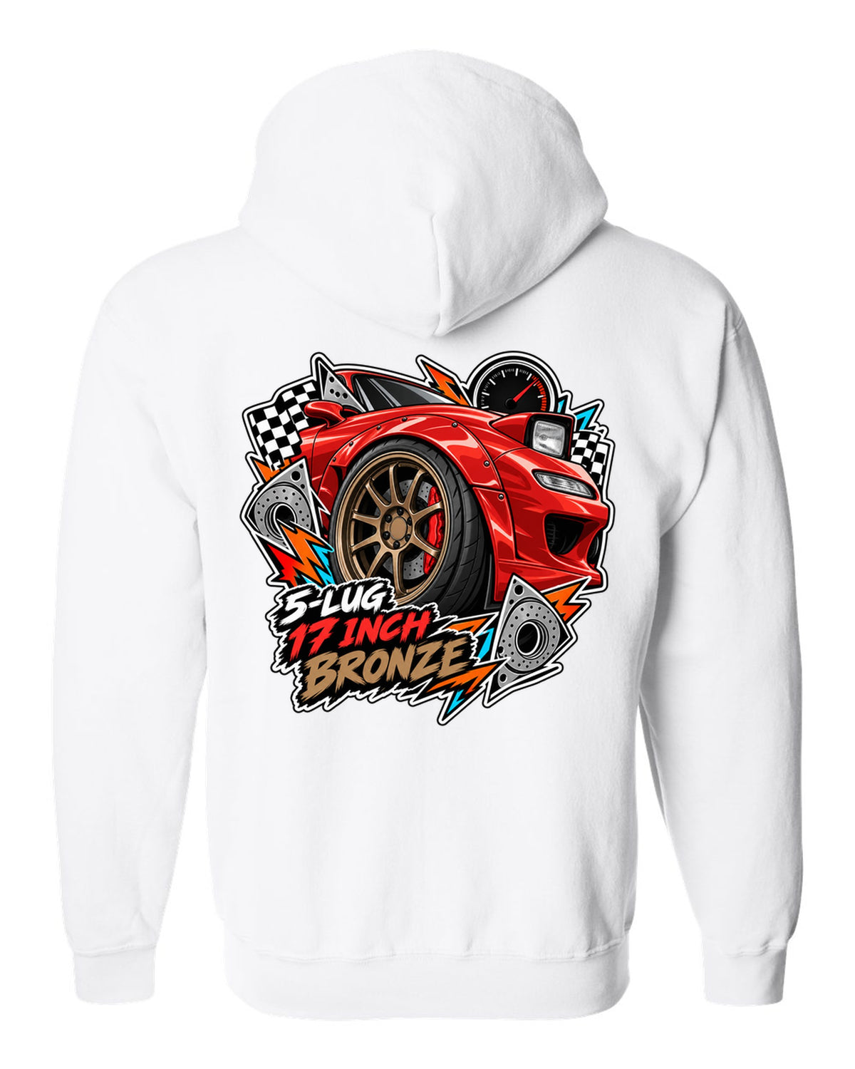 Gauge cluster print of a Mazda RX-7 FD3S boost needle with the text Boost Leak Somewhere white zip hoodie back view with the design