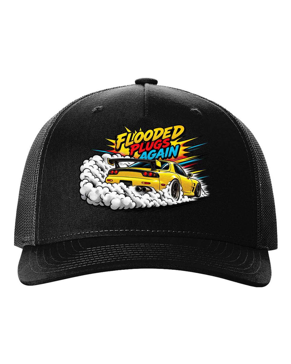 Comic halftone pop art print of a Mazda RX-7 FD3S with text Flooded, Plugs, Again black hat front view with the design
