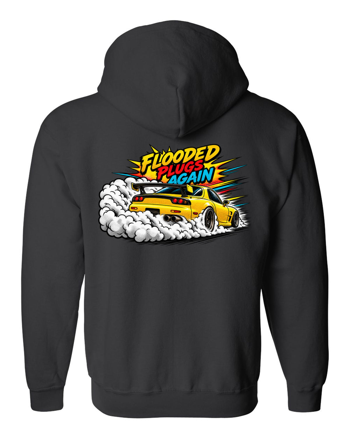 Comic halftone pop art print of a Mazda RX-7 FD3S with text Flooded, Plugs, Again black zip hoodie back view with the design