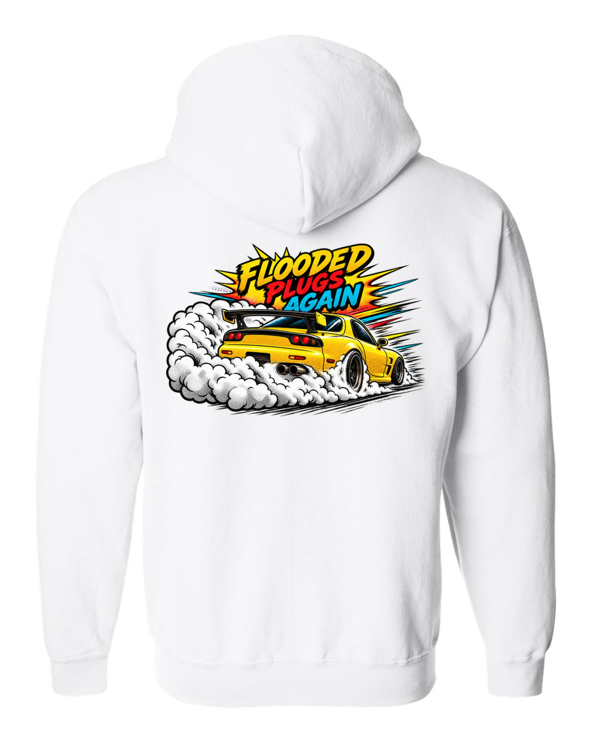 Comic halftone pop art print of a Mazda RX-7 FD3S with text Flooded, Plugs, Again white zip hoodie back view with the design